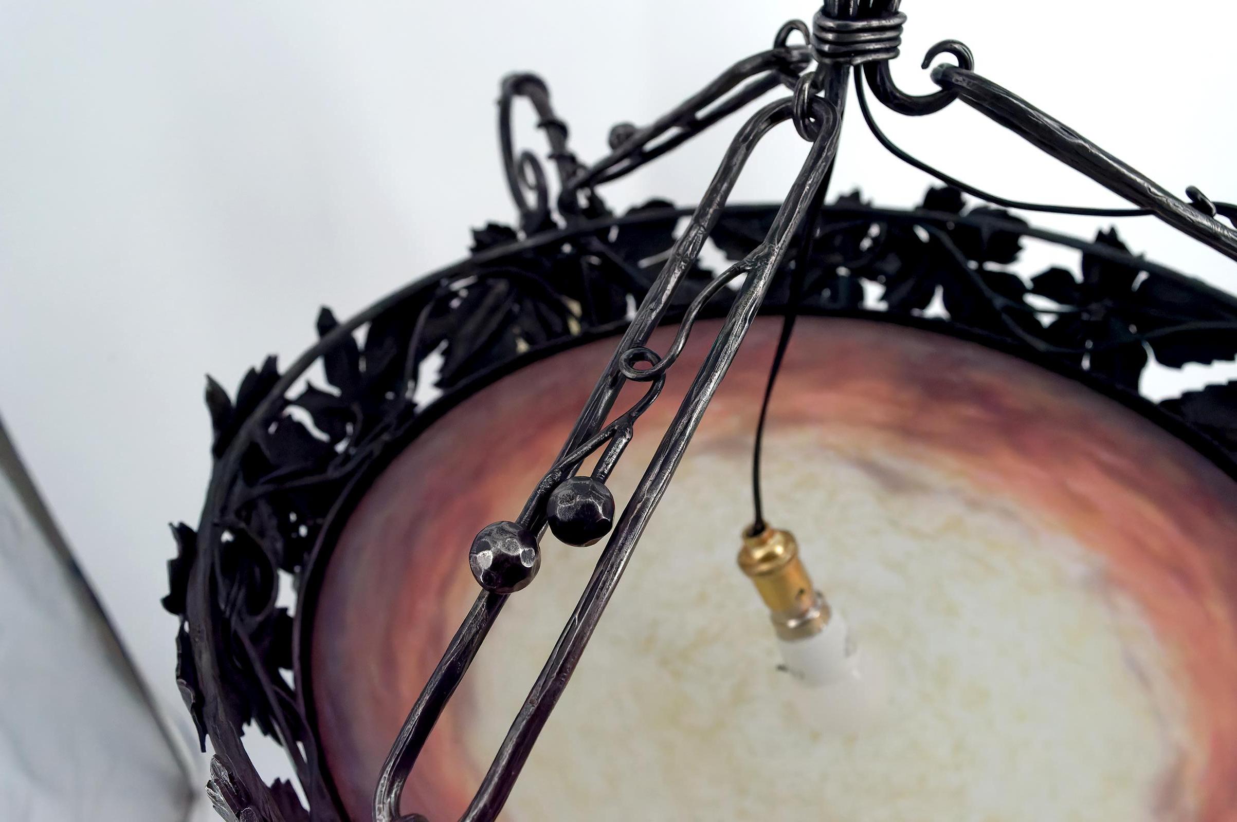 Art Deco Chandelier in Wrought Iron and Blown Glass, Muller Frères, France, 1920 For Sale 7