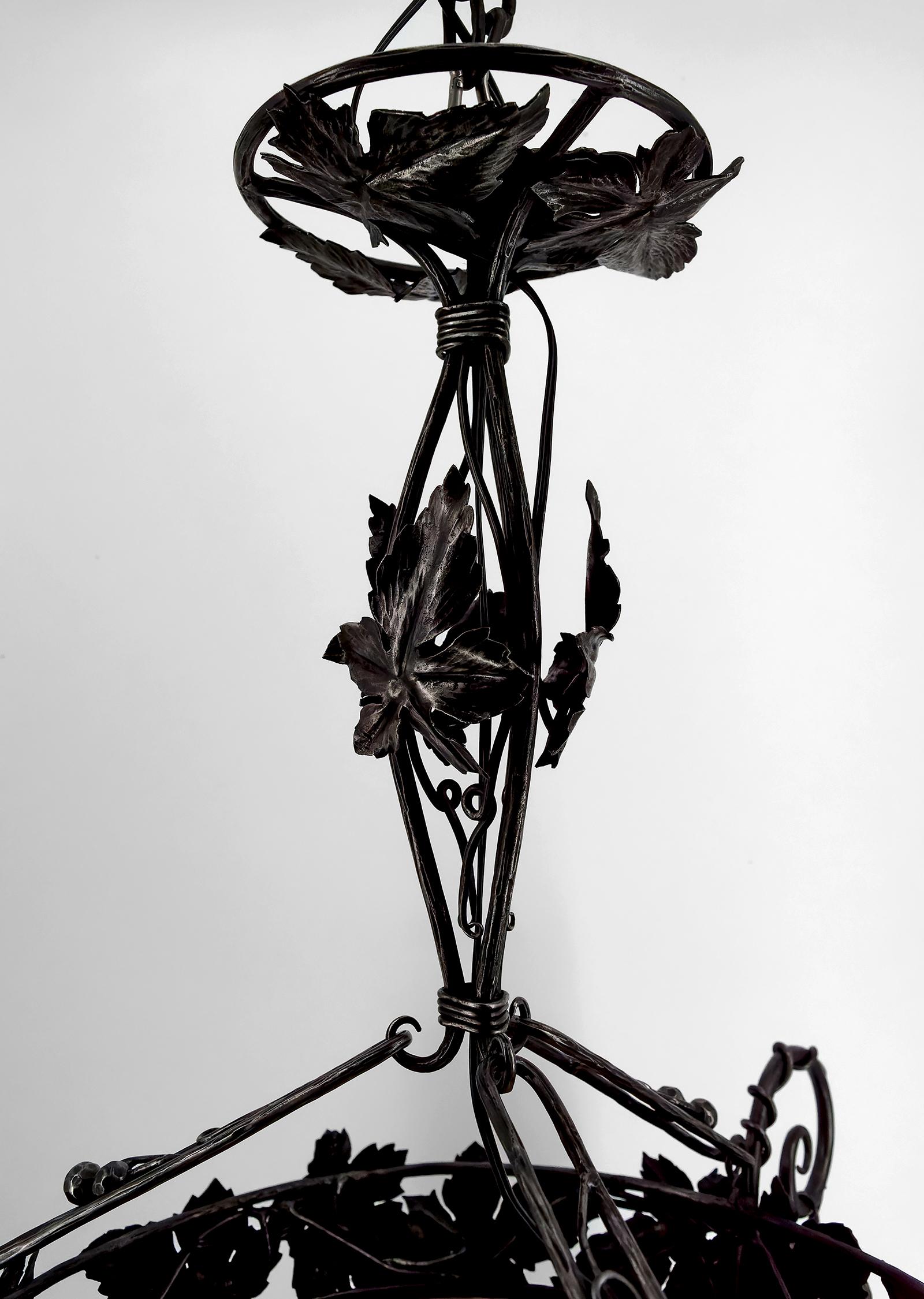 Art Deco Chandelier in Wrought Iron and Blown Glass, Muller Frères, France, 1920 For Sale 8