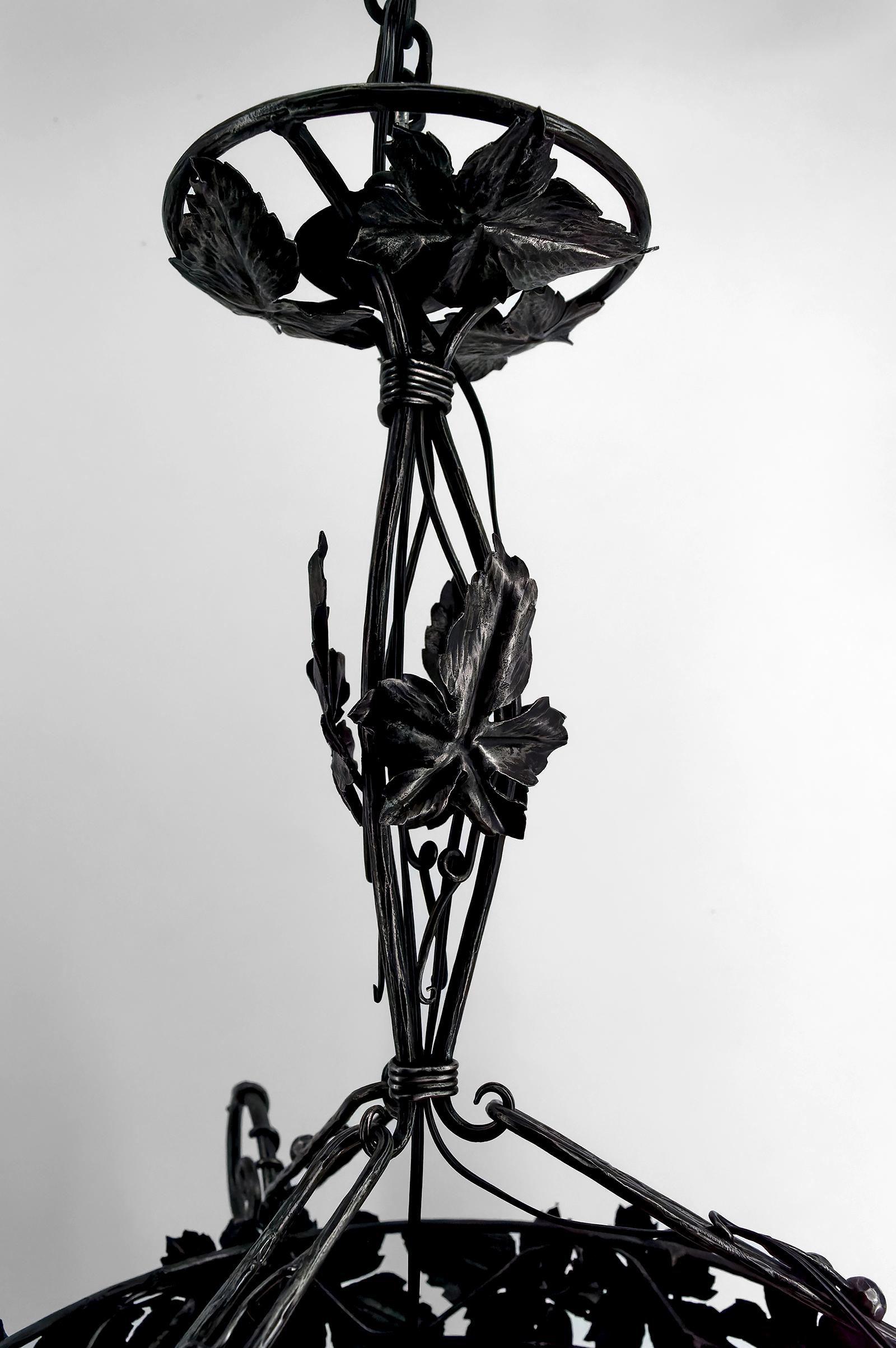 Art Deco Chandelier in Wrought Iron and Blown Glass, Muller Frères, France, 1920 For Sale 9
