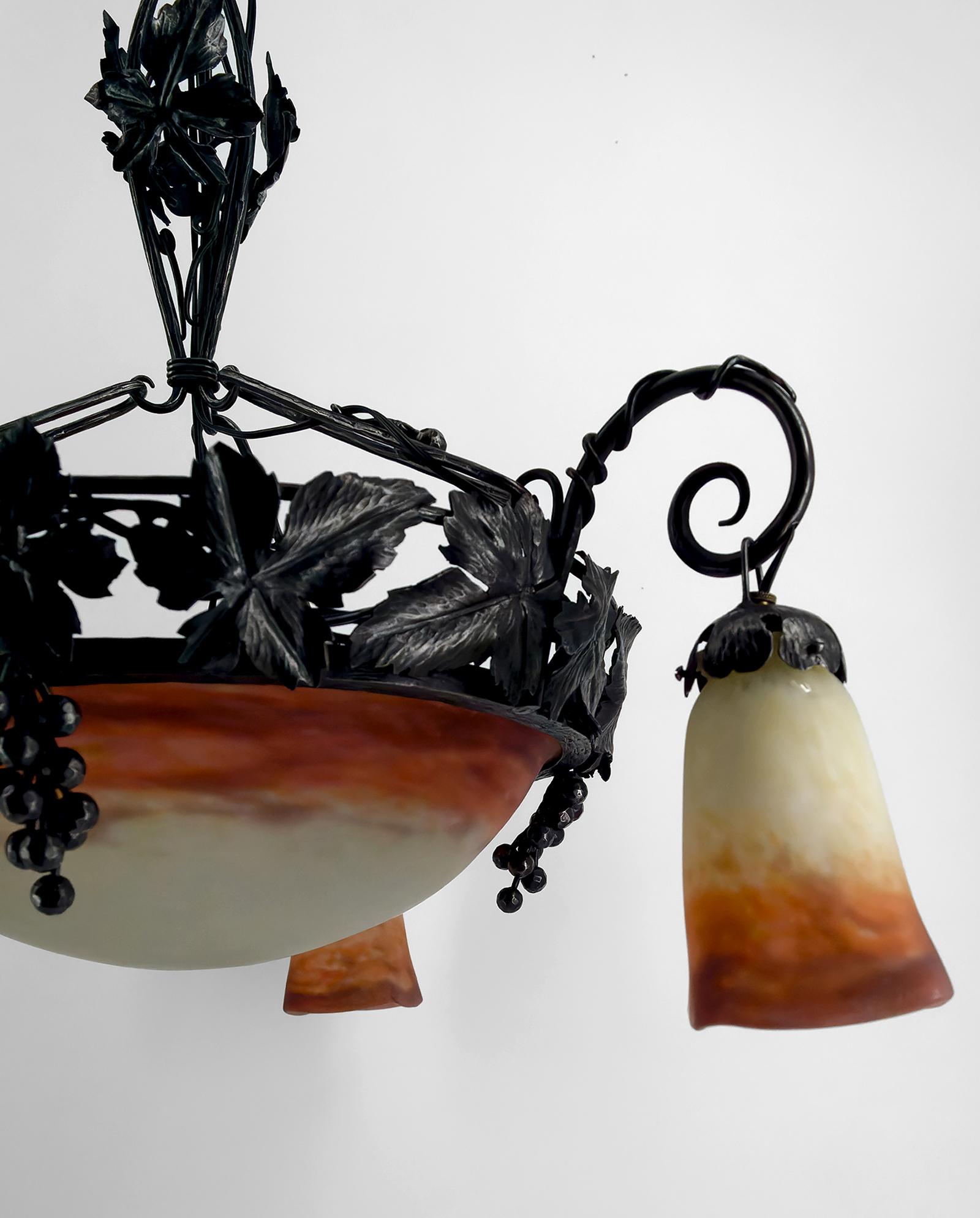 Metal Art Deco Chandelier in Wrought Iron and Blown Glass, Muller Frères, France, 1920 For Sale