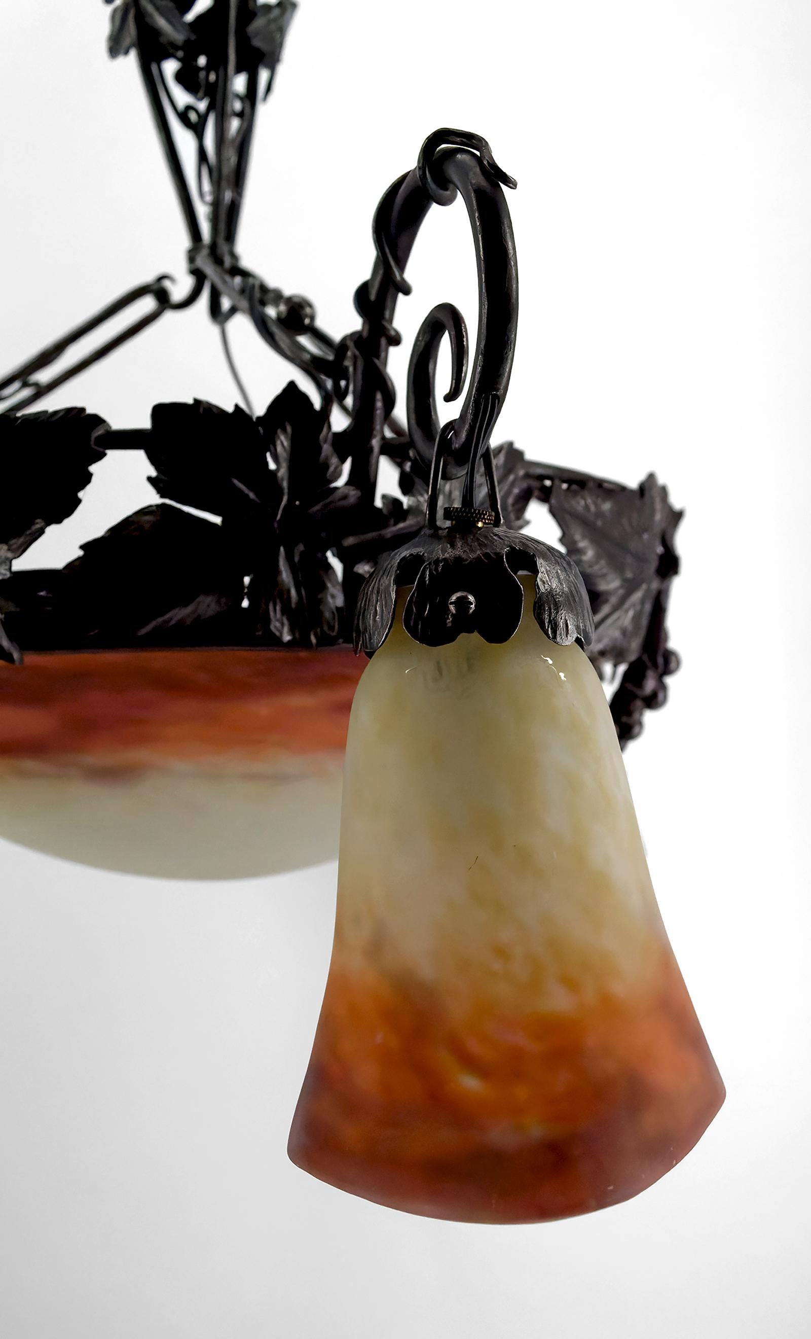 Art Deco Chandelier in Wrought Iron and Blown Glass, Muller Frères, France, 1920 For Sale 1