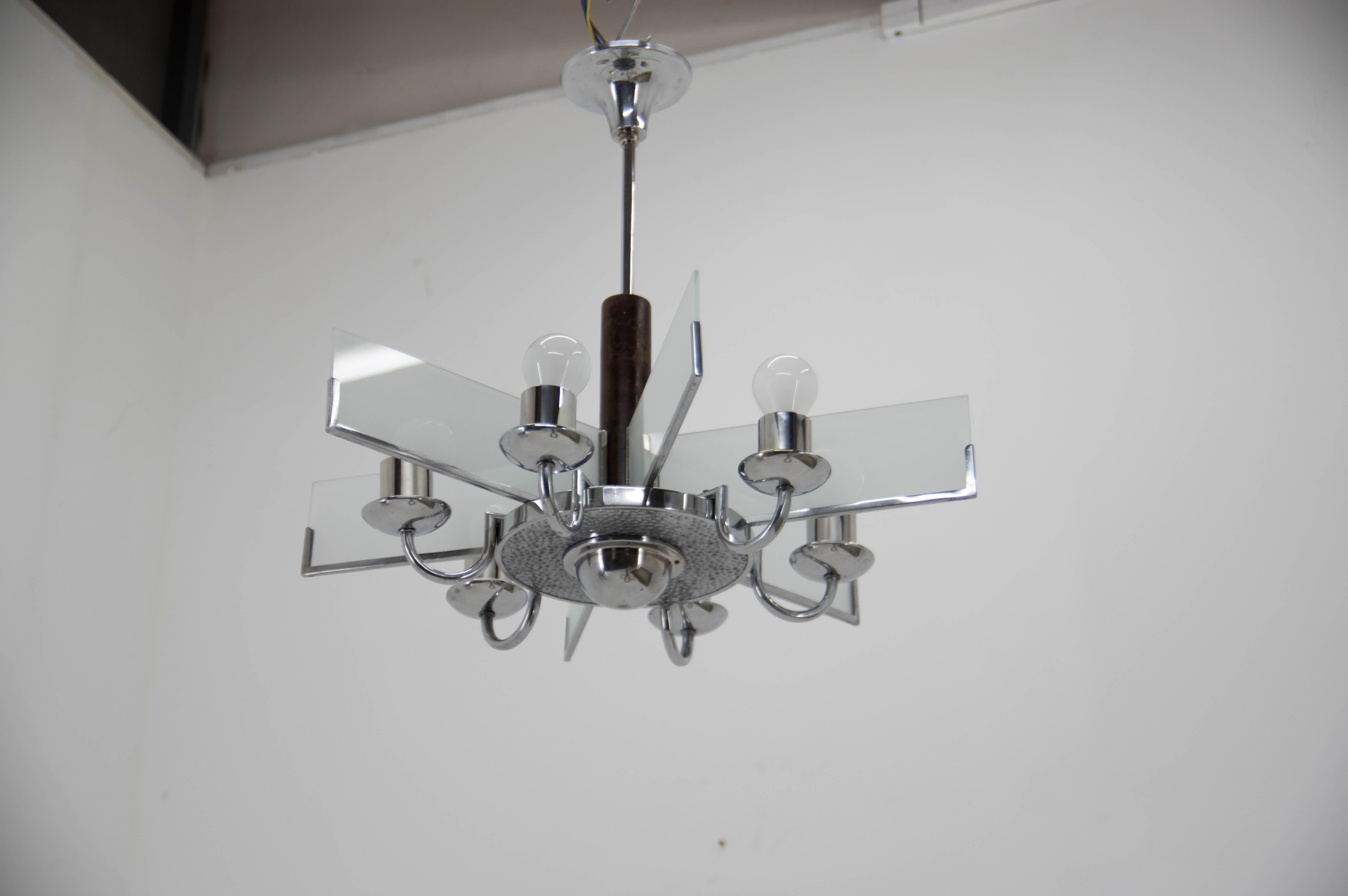 Art Deco Chandelier Made of Chrome, Wood and Sandblasted Glass, 1940s For Sale 5