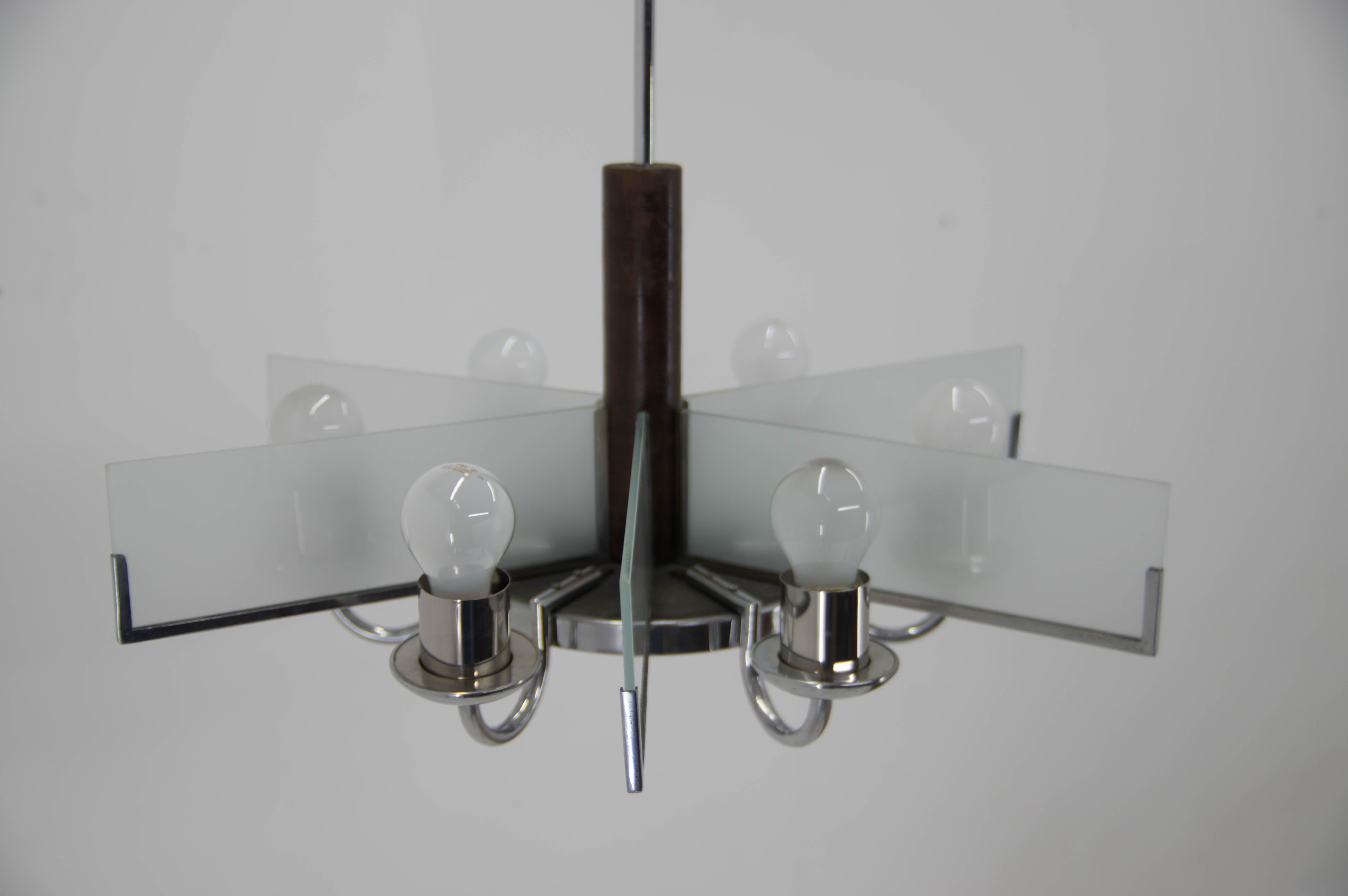 Art Deco Chandelier Made of Chrome, Wood and Sandblasted Glass, 1940s For Sale 7