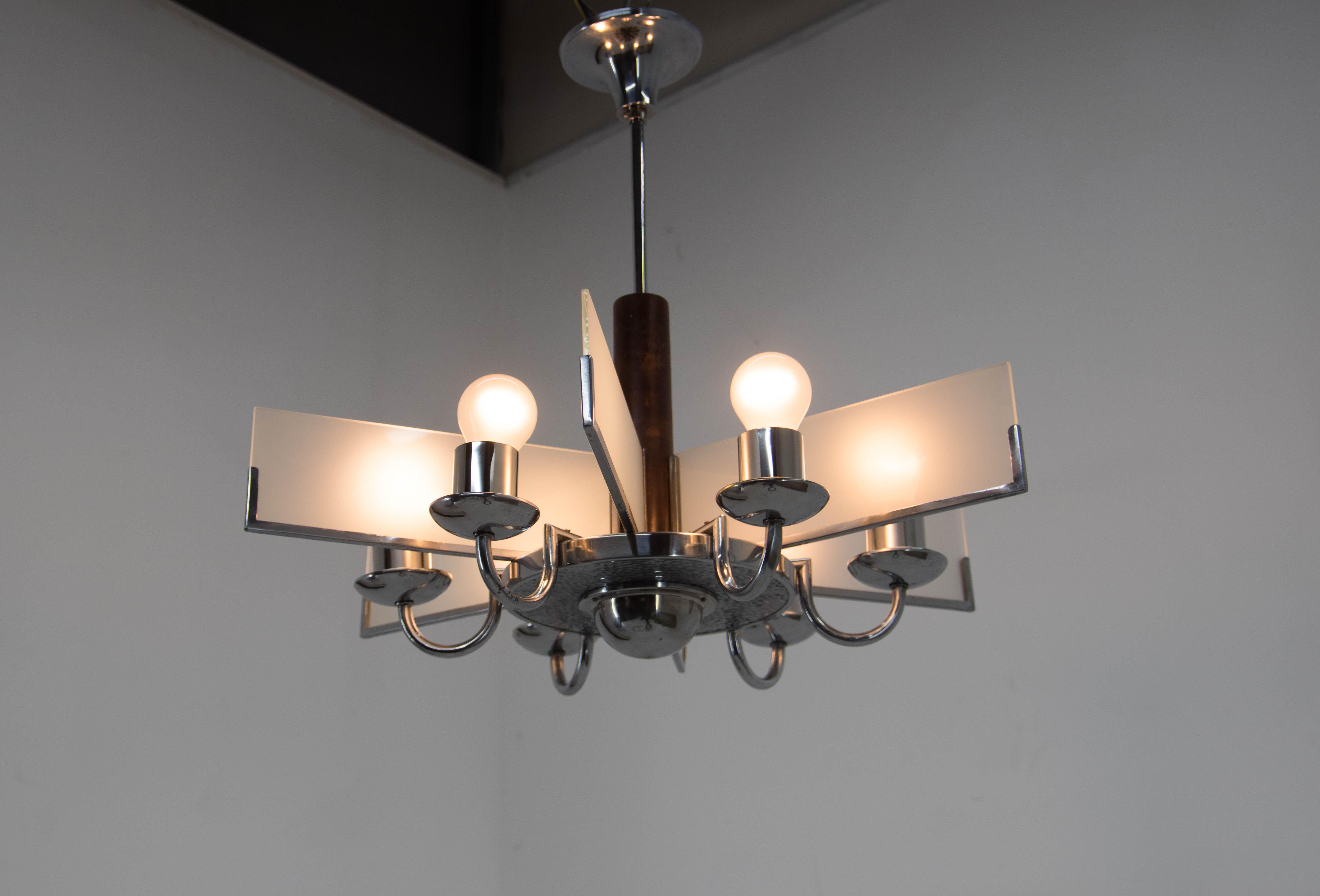 Czech Art Deco Chandelier Made of Chrome, Wood and Sandblasted Glass, 1940s For Sale