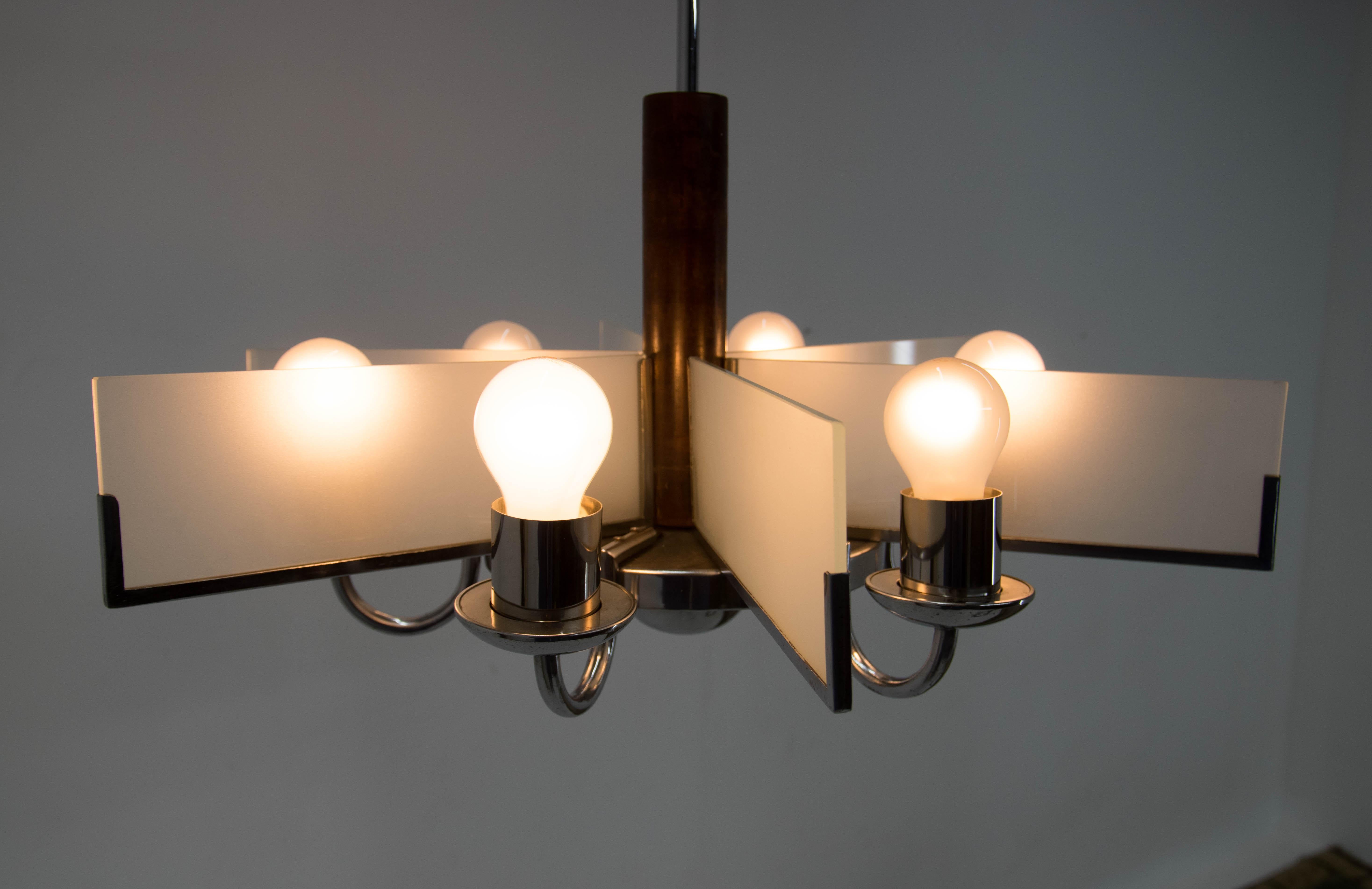 Art Deco Chandelier Made of Chrome, Wood and Sandblasted Glass, 1940s In Good Condition For Sale In Praha, CZ