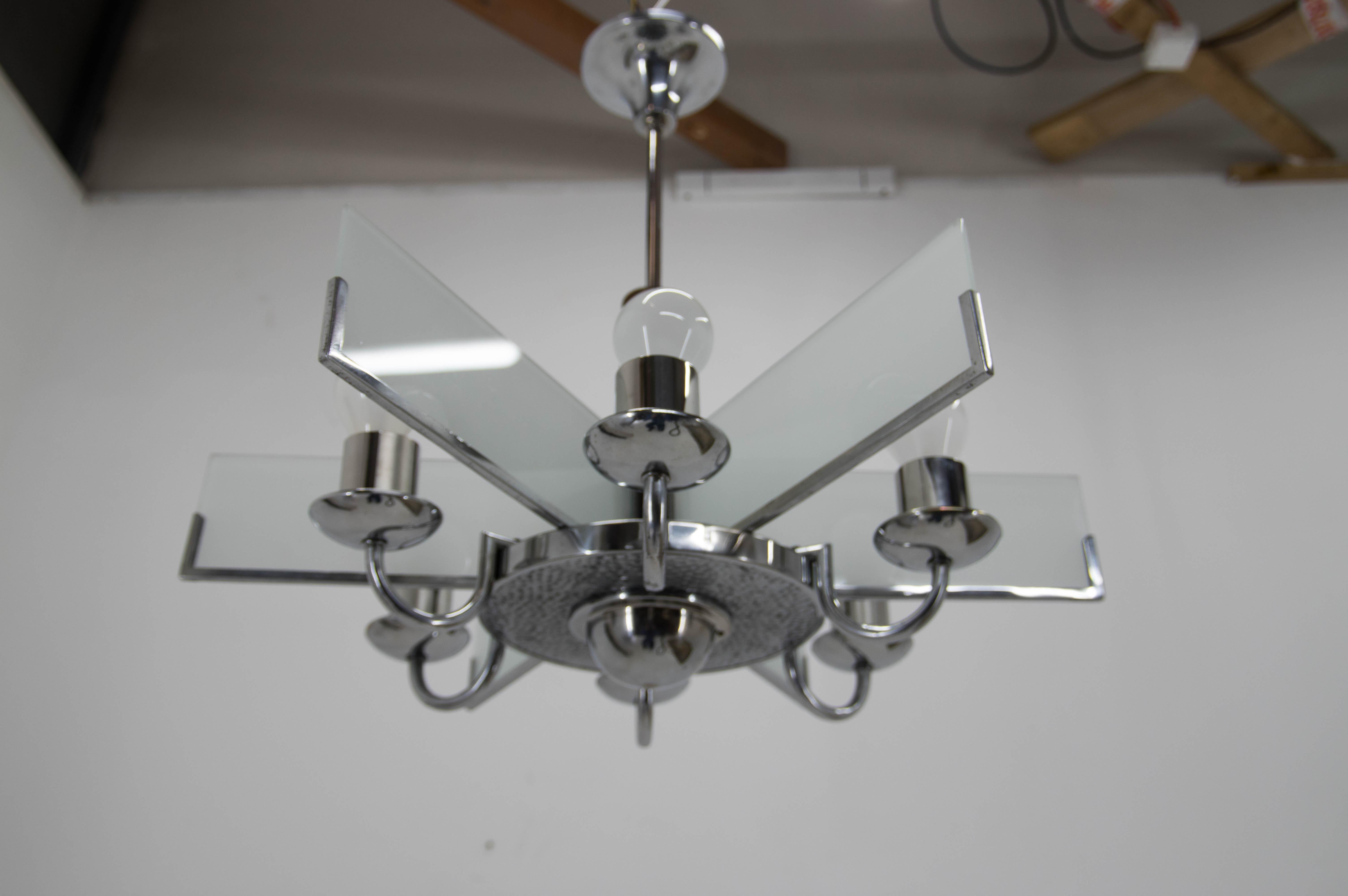 Mid-20th Century Art Deco Chandelier Made of Chrome, Wood and Sandblasted Glass, 1940s For Sale