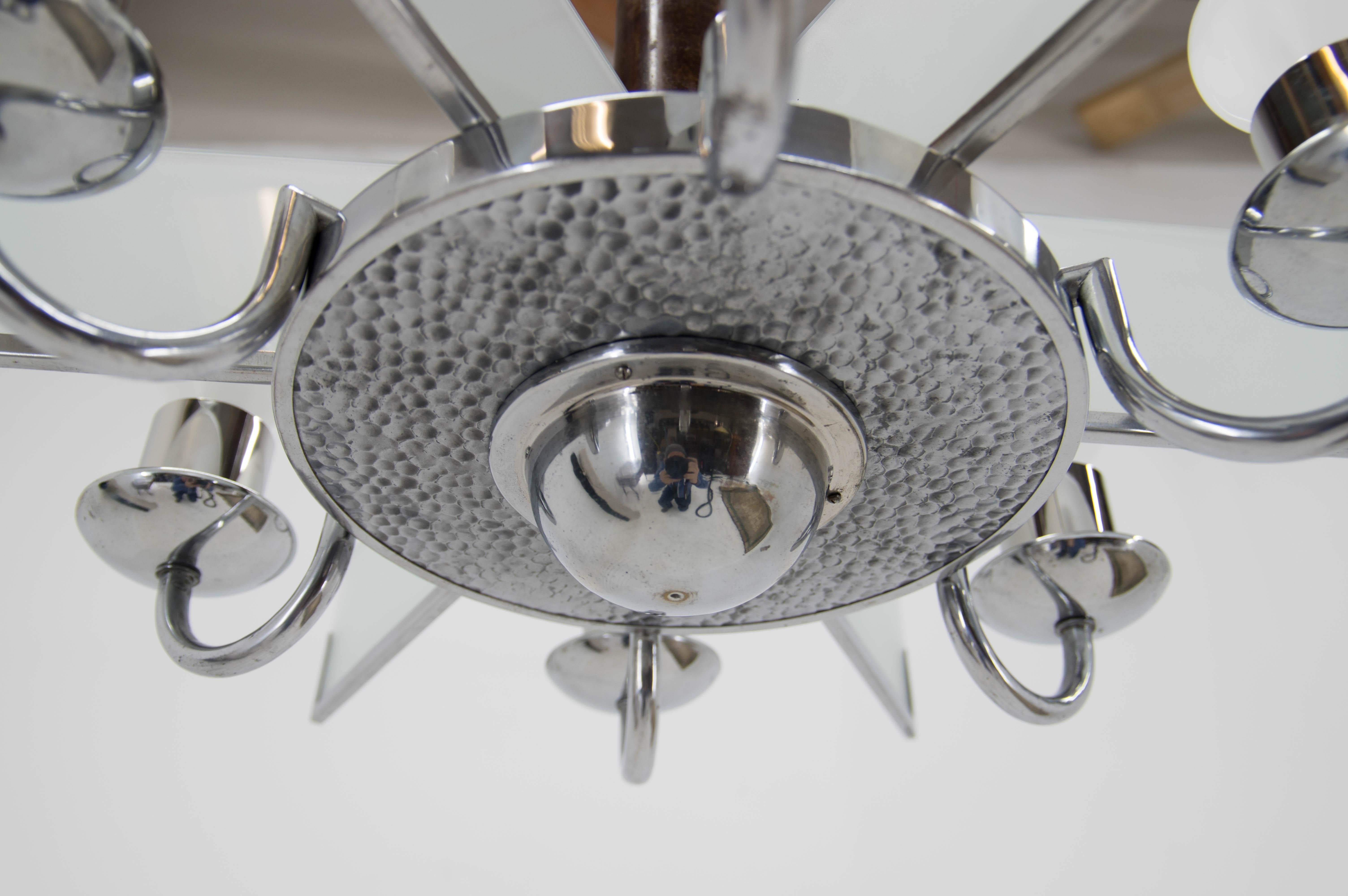 Art Deco Chandelier Made of Chrome, Wood and Sandblasted Glass, 1940s For Sale 1