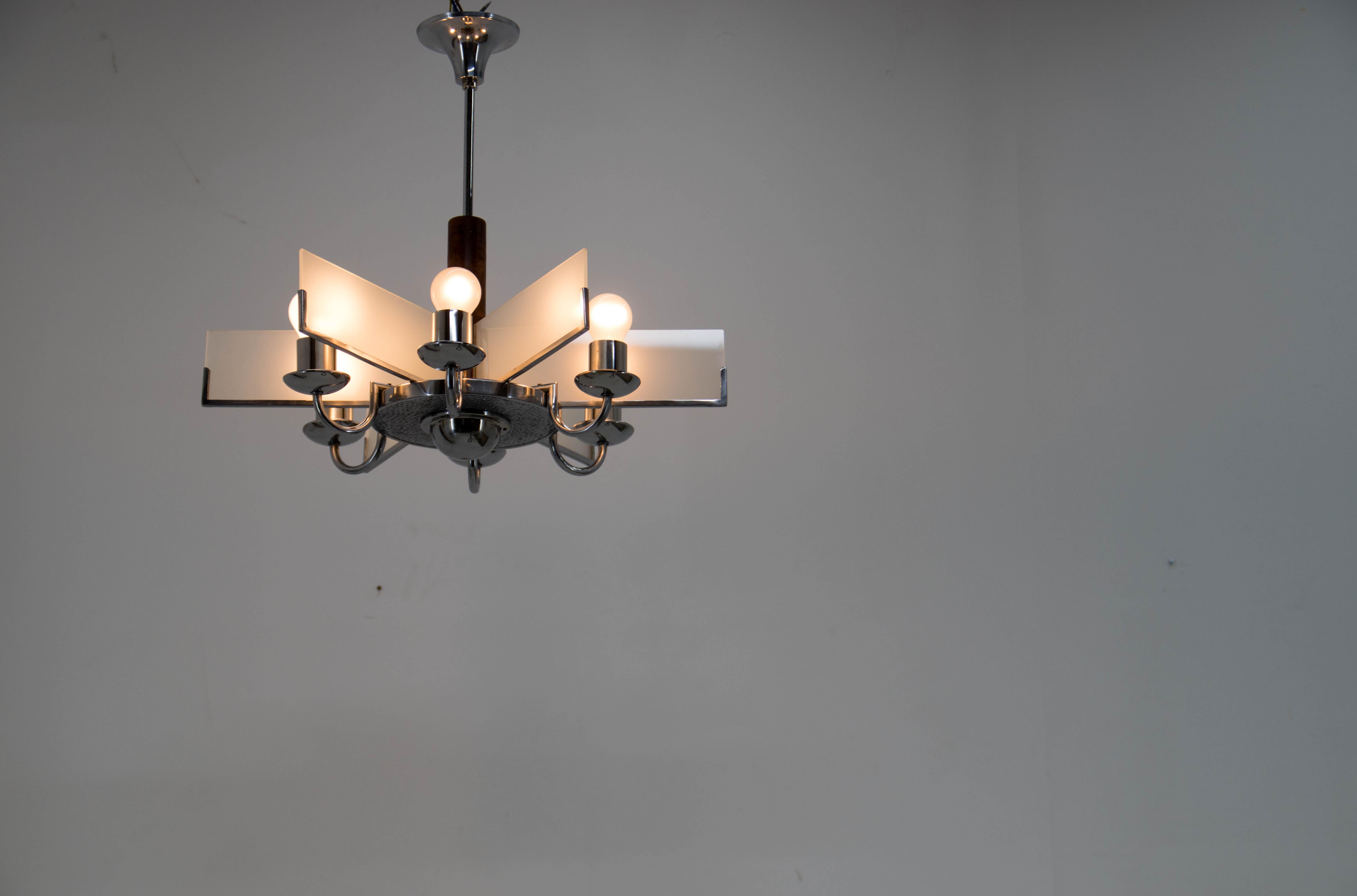 Art Deco Chandelier Made of Chrome, Wood and Sandblasted Glass, 1940s For Sale 2