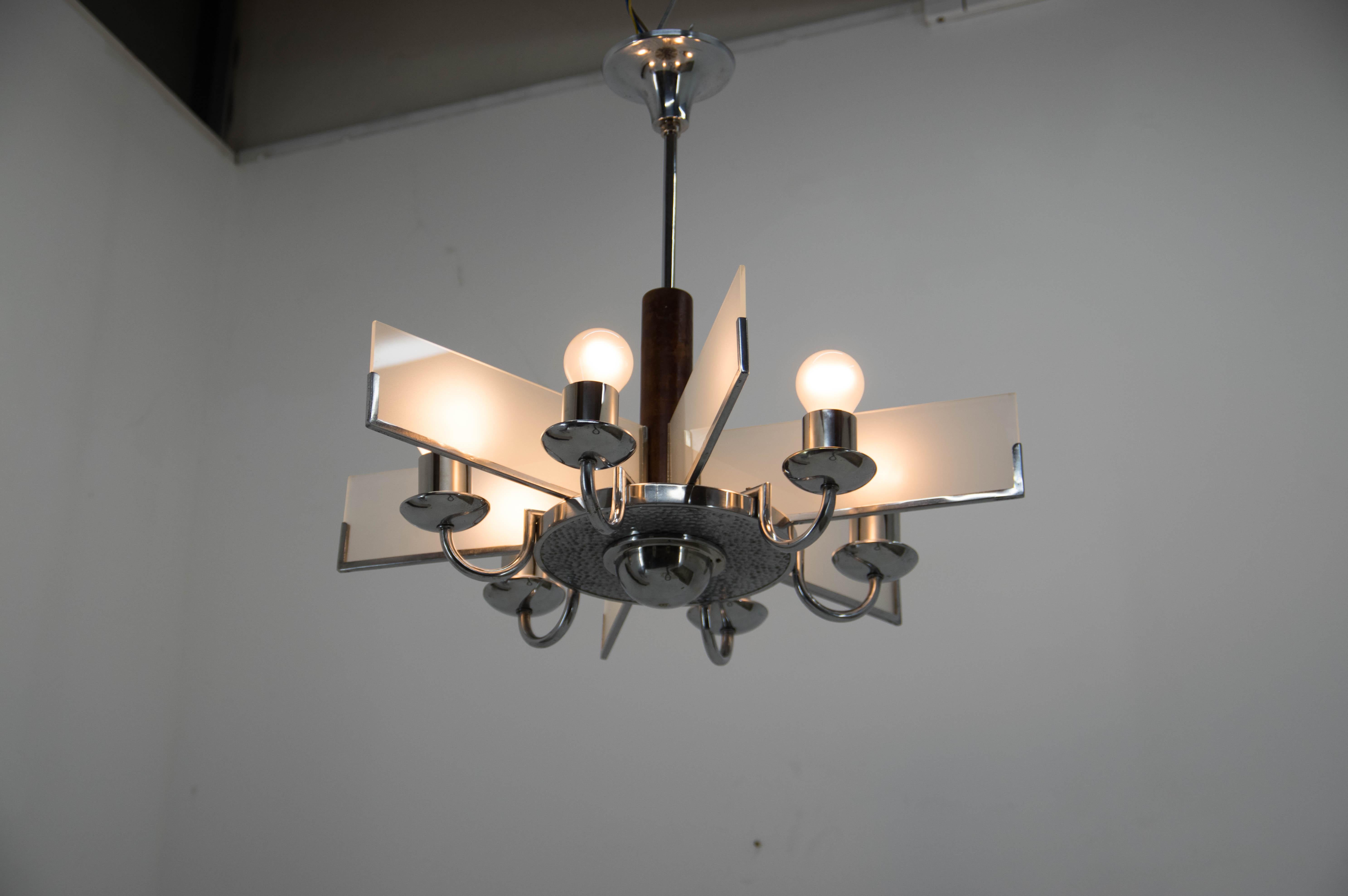 Art Deco Chandelier Made of Chrome, Wood and Sandblasted Glass, 1940s For Sale 3
