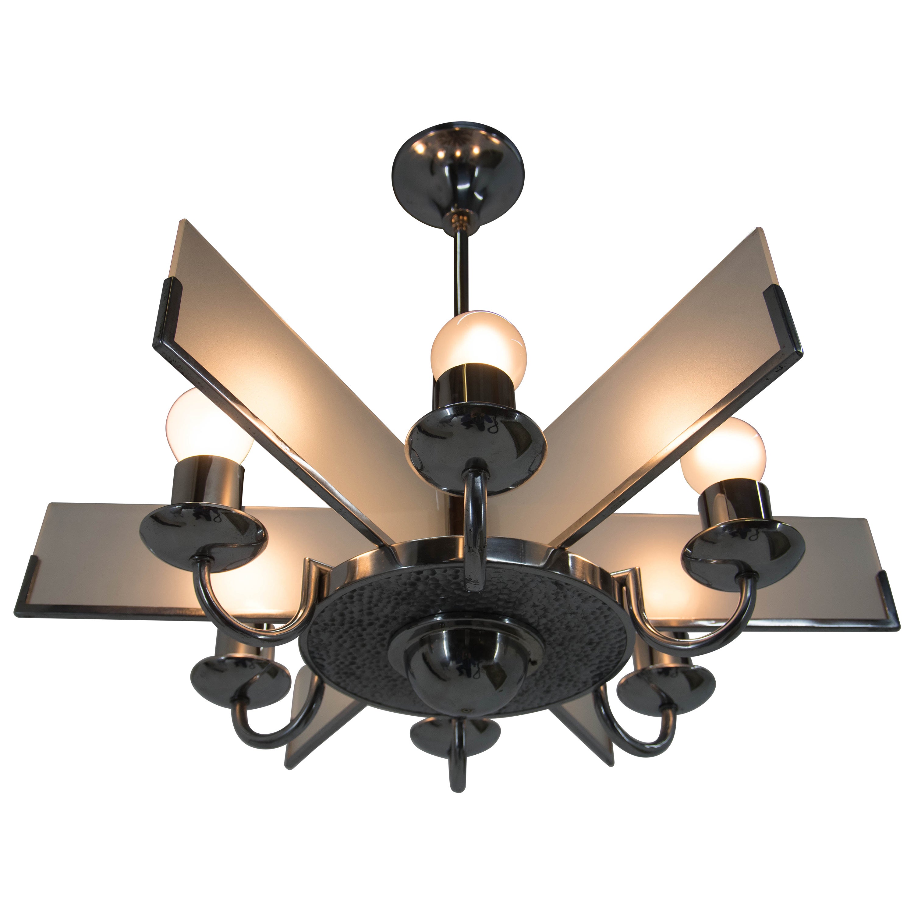 Lampadario Art Deco in cromo, legno e vetro sabbiato, anni '40