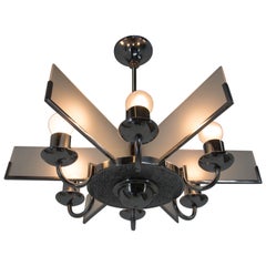 Lampadario Art Deco in cromo, legno e vetro sabbiato, anni '40