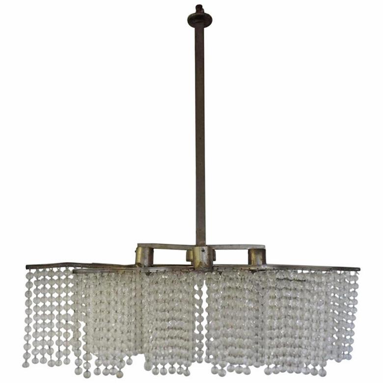French Art Deco Chandelier, Made of Three Fringes of Pearls and Metal, circa 1930 For Sale
