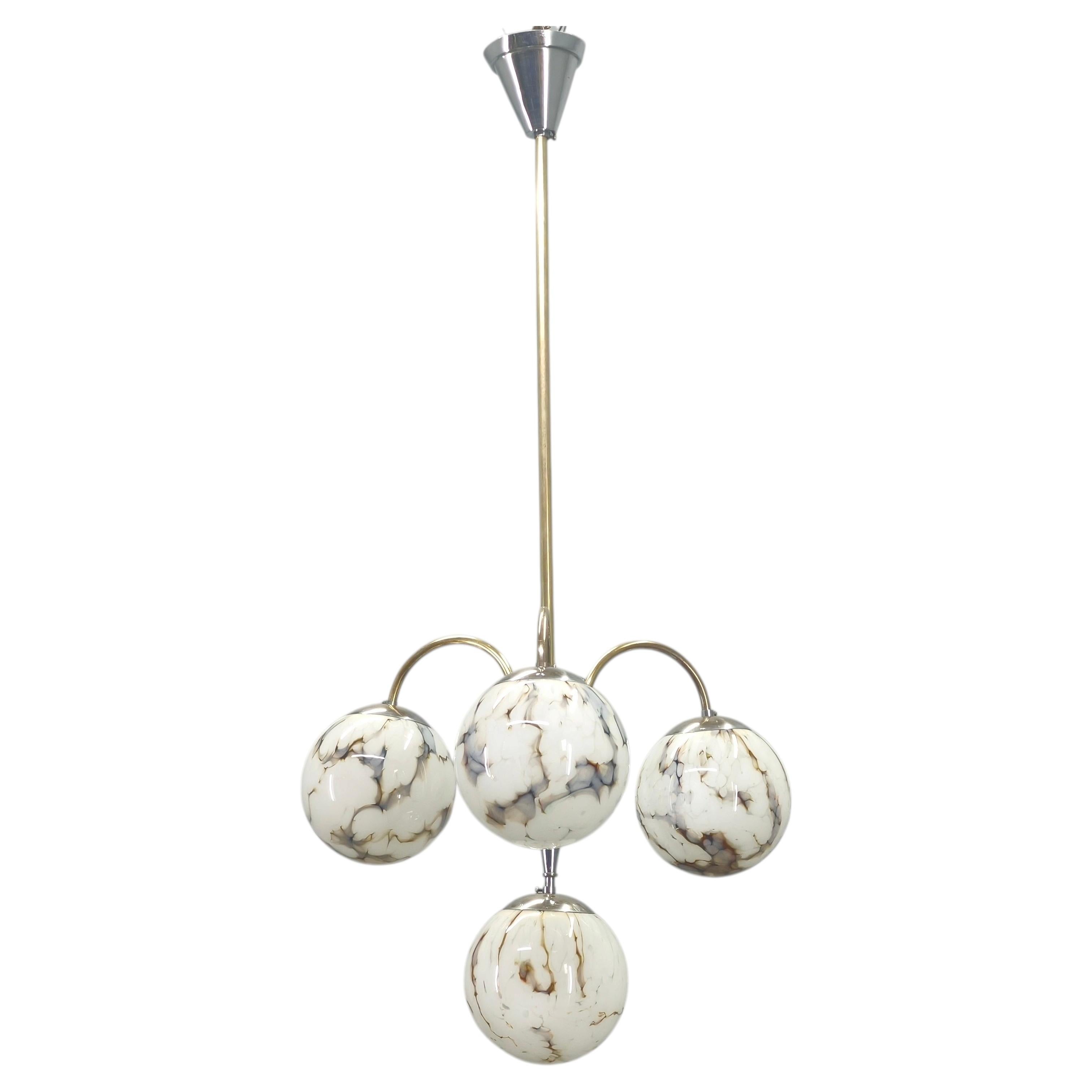 Lampadario Art Déco, vetro di marmo, ottone e cromo, anni '30