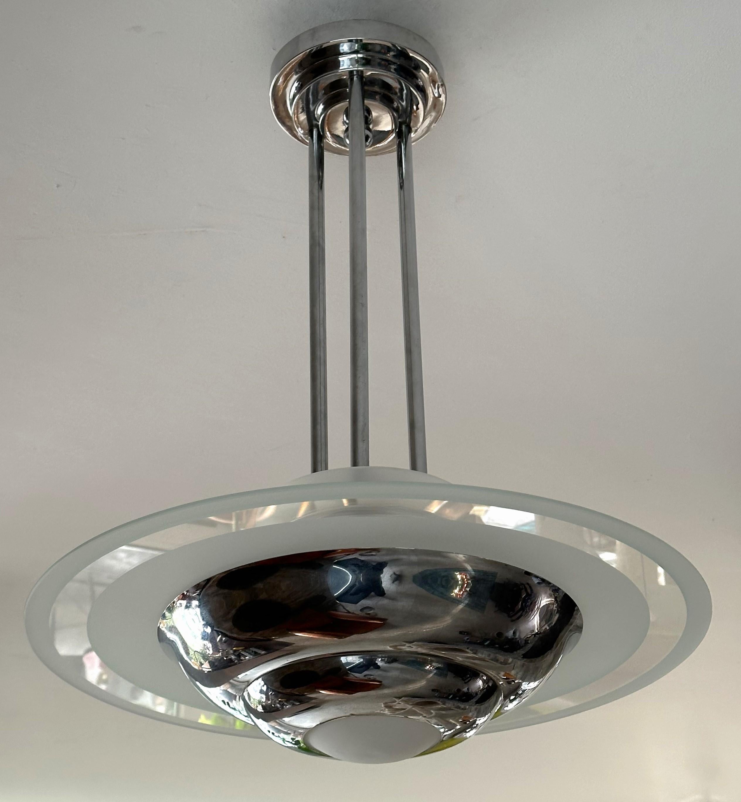 Art Deco Chandelier Modernist Chrome and Saturn Glass, France 1935 For Sale 9