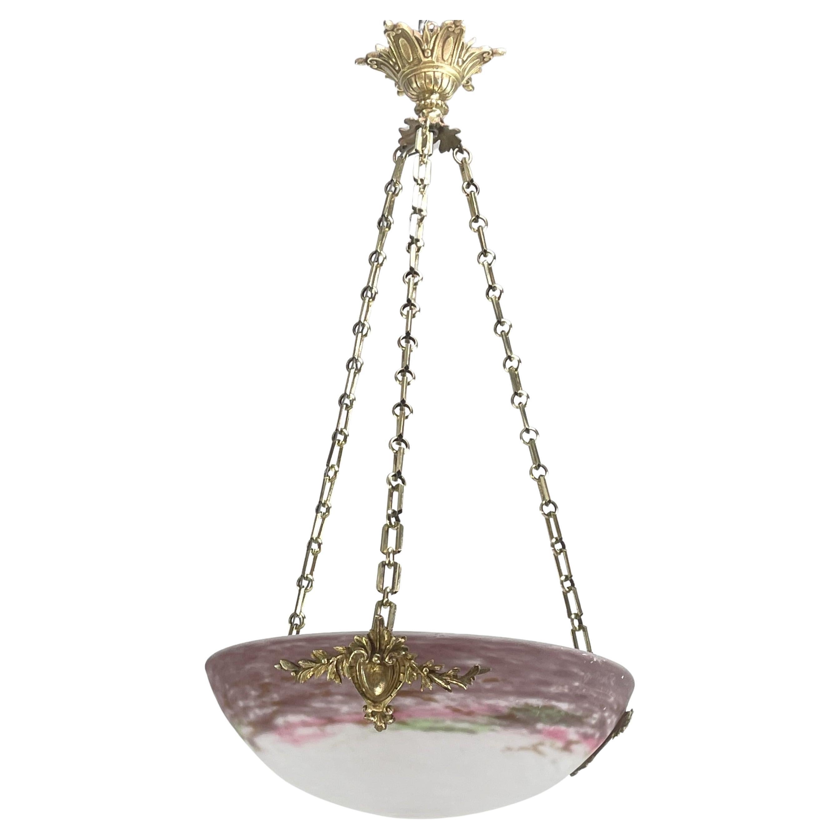 Art Deco Chandelier Muller Fréres Ceiling Lamp, Violett and White, 1930s For Sale