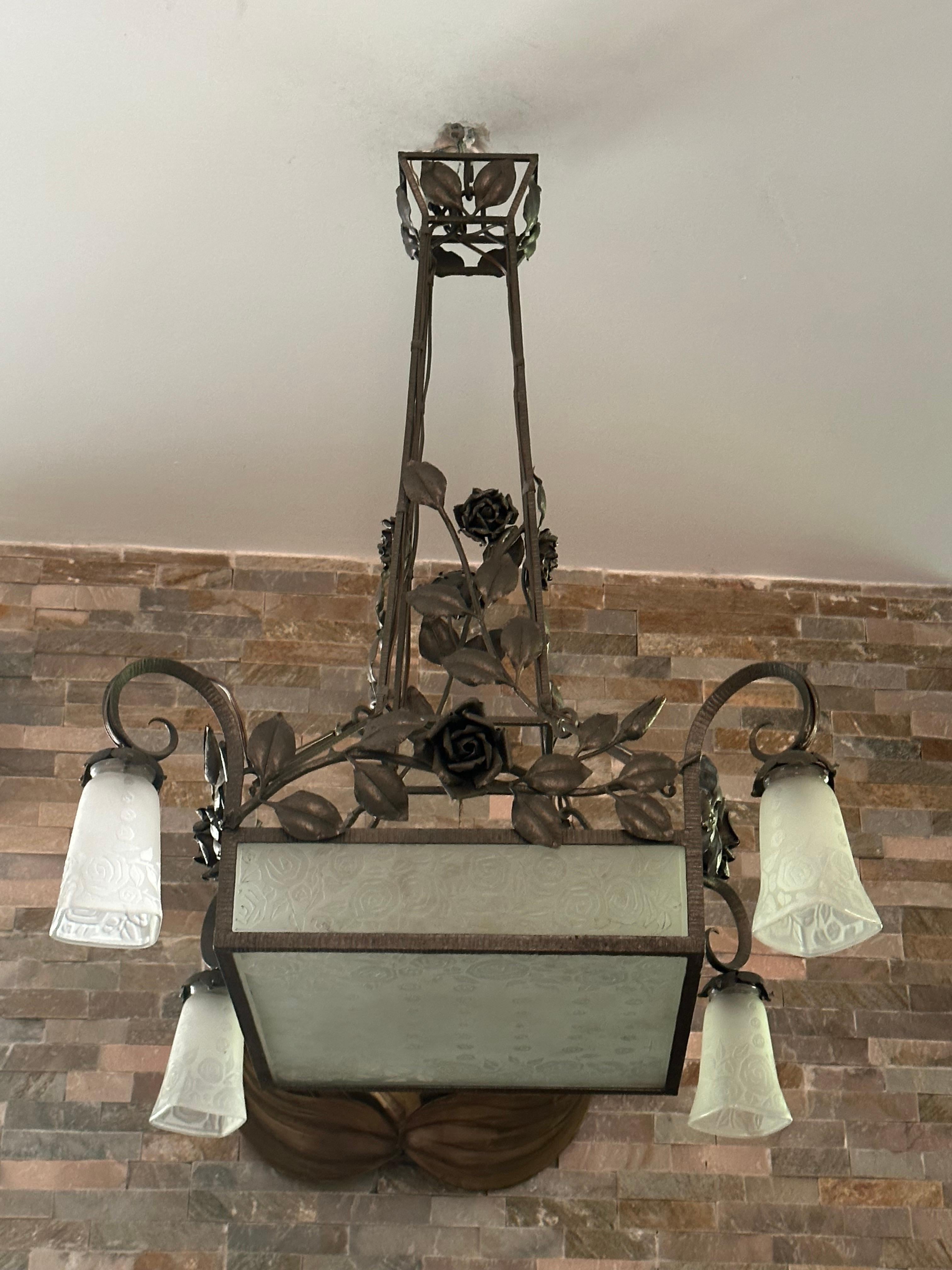 Art Deco Chandelier Muller Freres Luneville, Iron and Frosted Glass, France 1935 For Sale 9