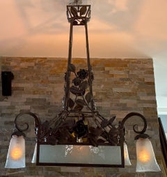 Art Deco Chandelier Muller Freres Luneville, Iron and Frosted Glass, France 1935
