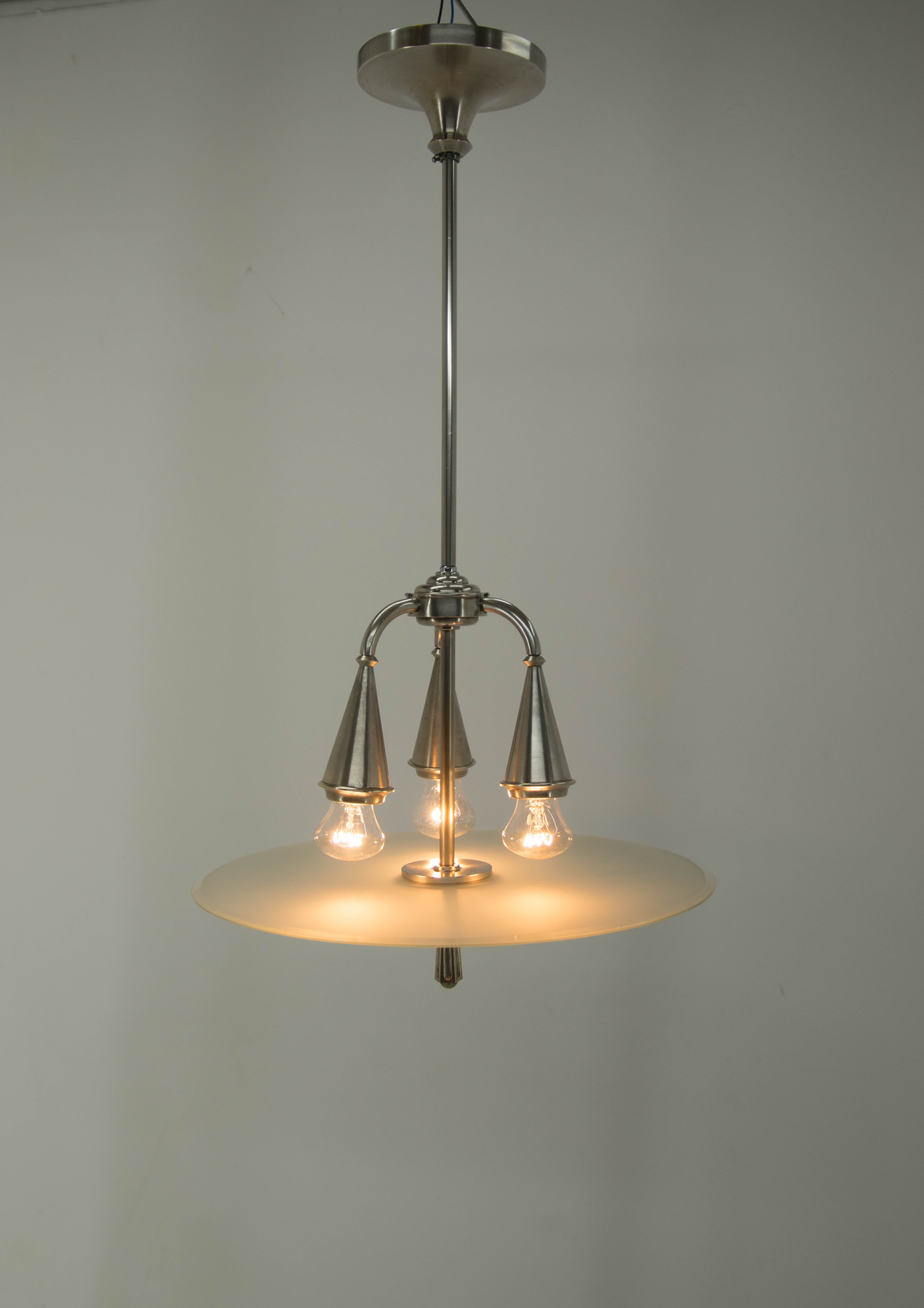 Art Deco Chandelier, Nickel-Plated, Sandblasted Glass, 1920s Design