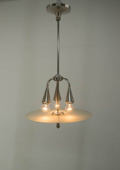 Art Deco Chandelier, Nickel-Plated, Sandblasted Glass, 1920s Design