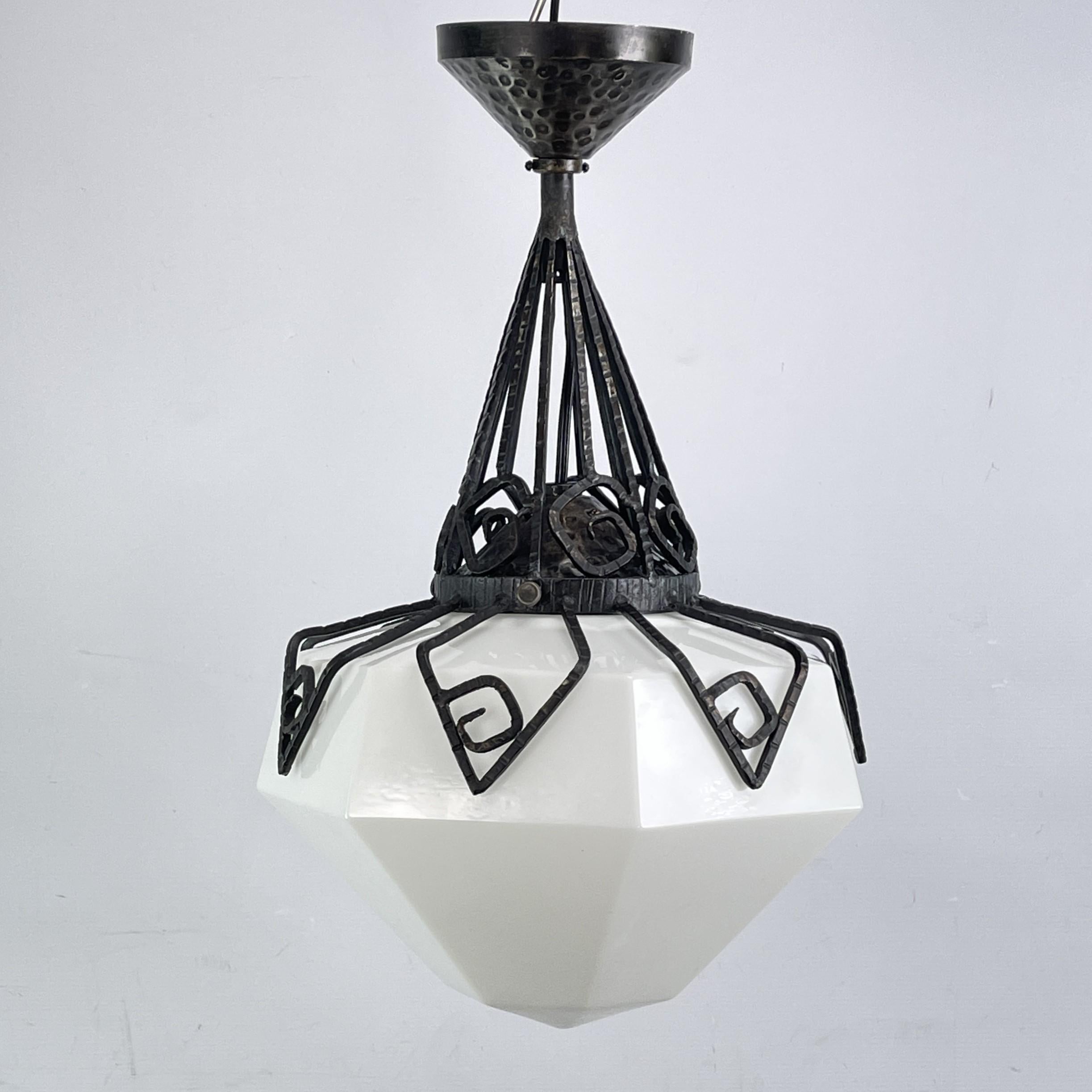 French Art Deco chandelier opal glass wrought iron ceiling lamp, 1930s For Sale