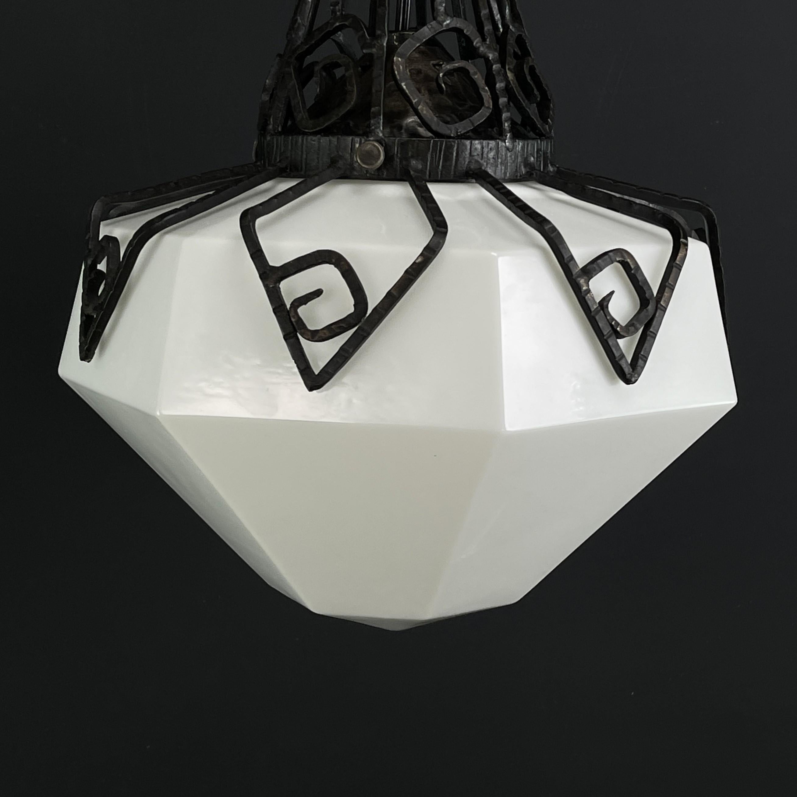 Art Deco chandelier opal glass wrought iron ceiling lamp, 1930s In Good Condition For Sale In Bingen am Rhein, RP