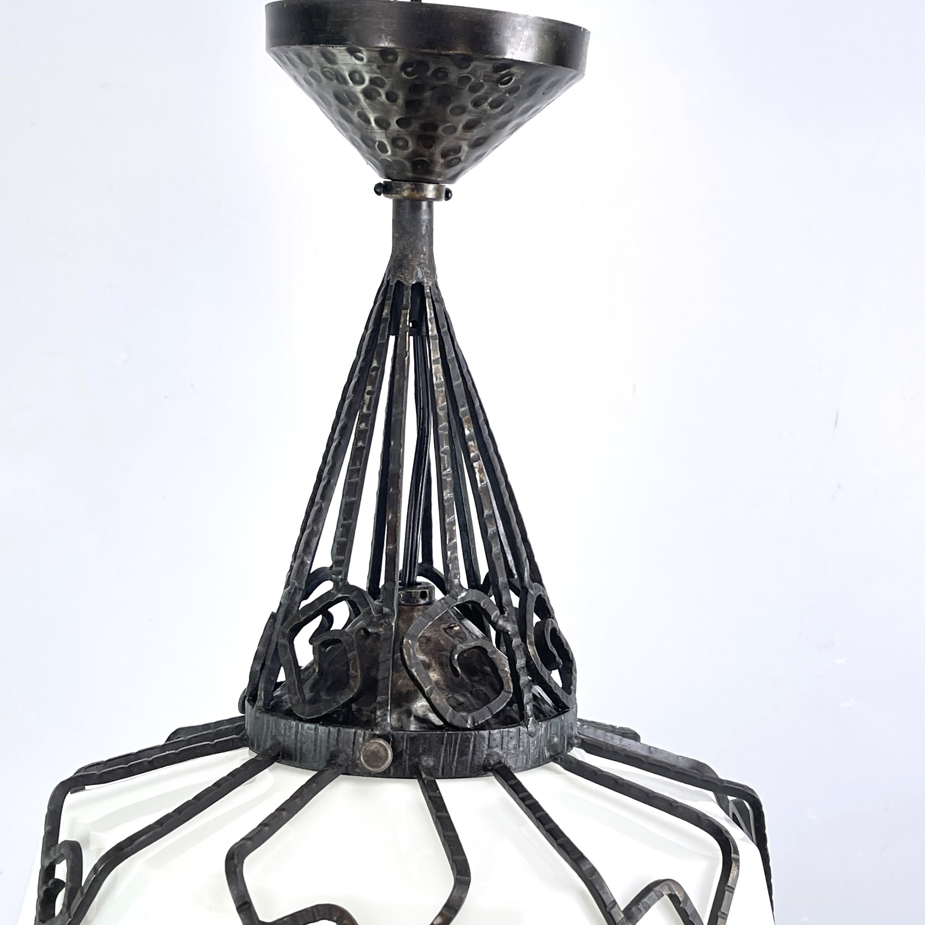 Mid-20th Century Art Deco chandelier opal glass wrought iron ceiling lamp, 1930s For Sale