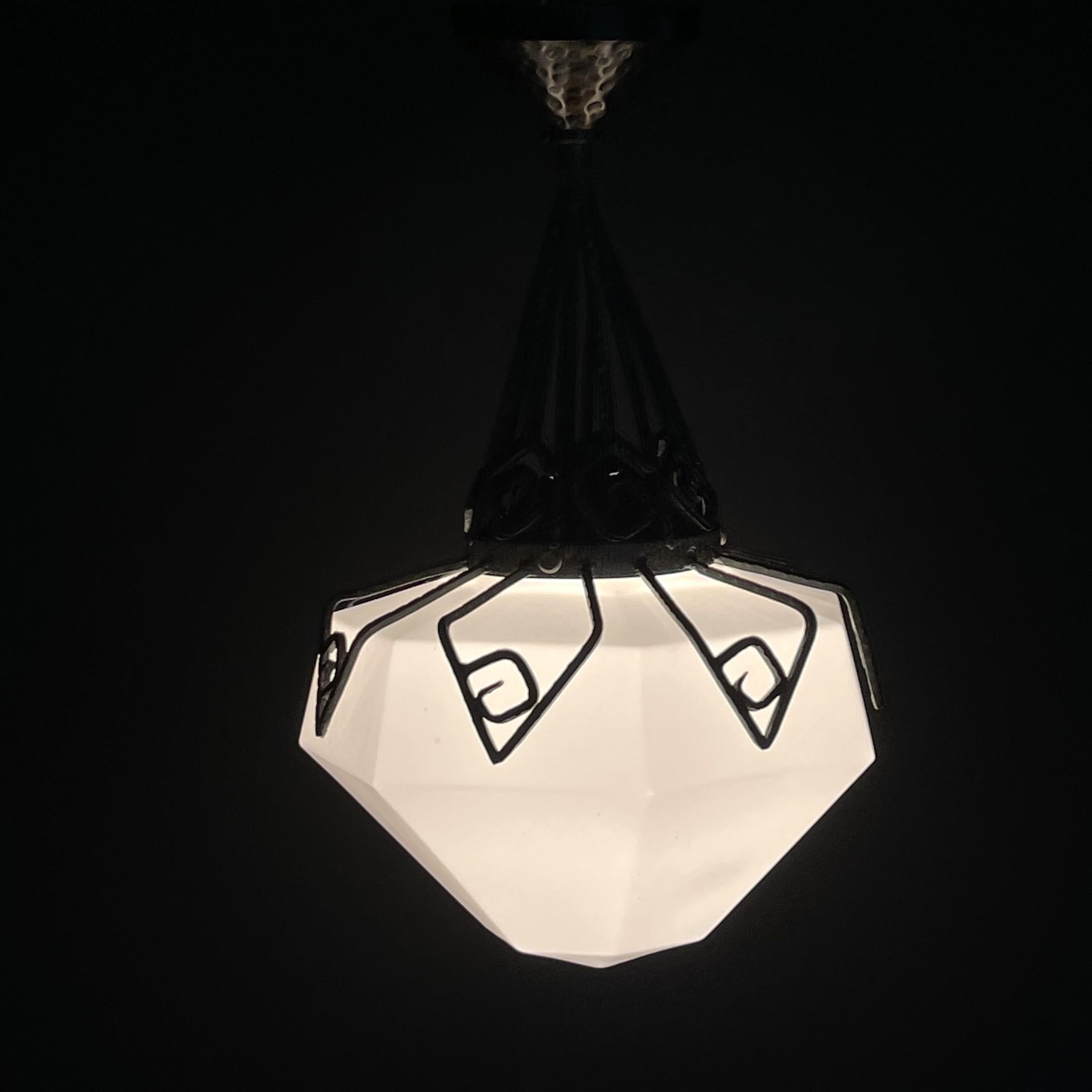 Glass Art Deco chandelier opal glass wrought iron ceiling lamp, 1930s For Sale
