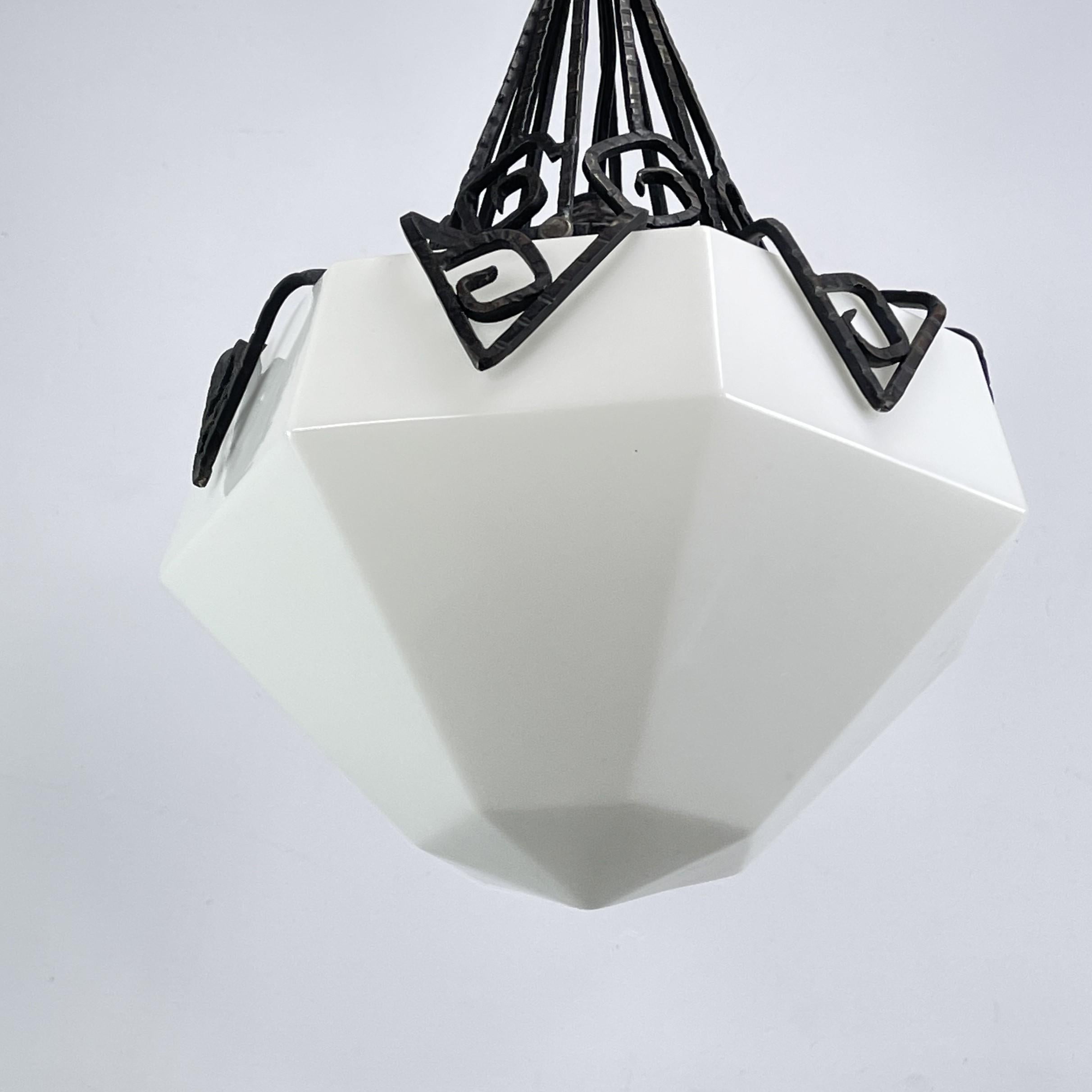 Art Deco chandelier opal glass wrought iron ceiling lamp, 1930s For Sale 1