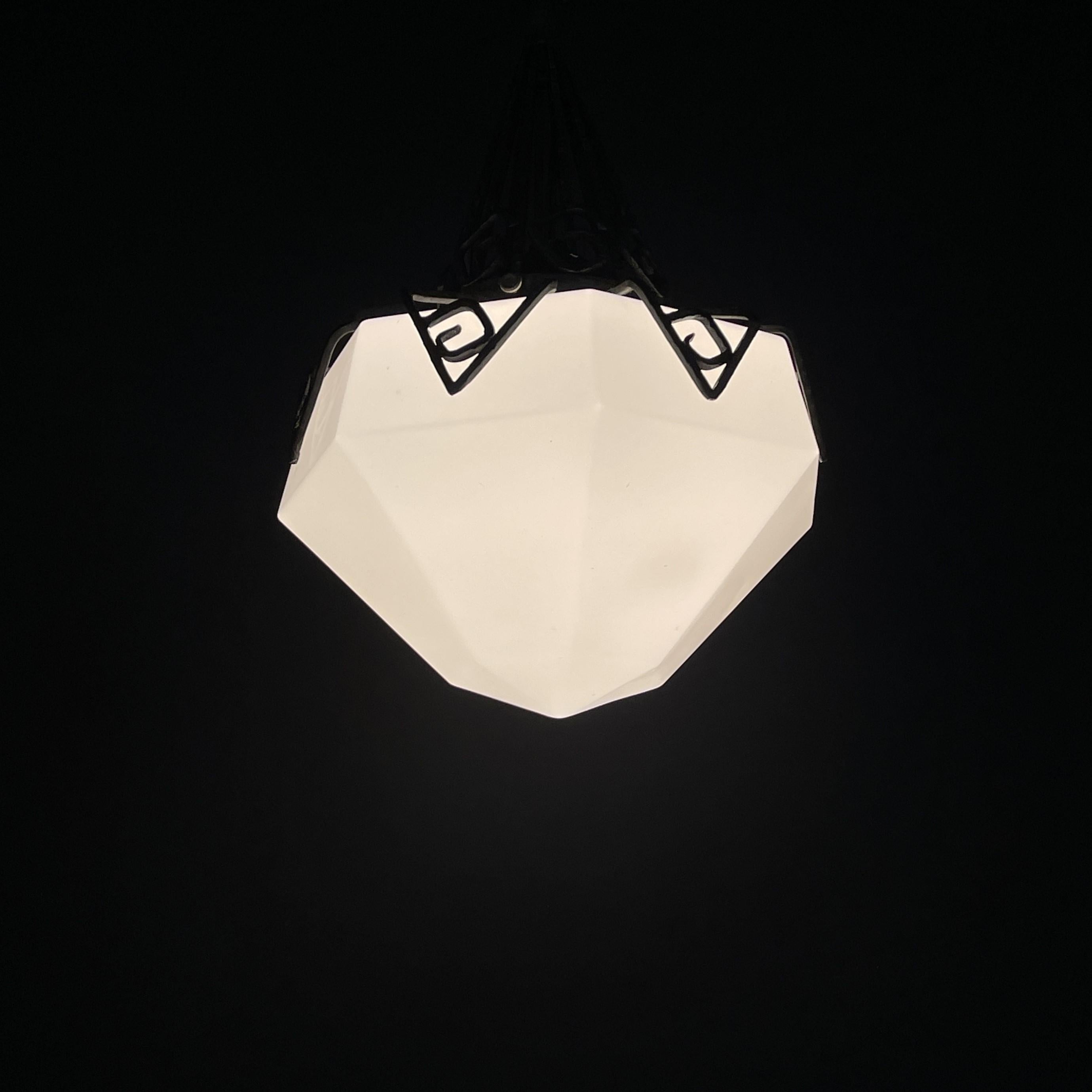Art Deco chandelier opal glass wrought iron ceiling lamp, 1930s For Sale 2