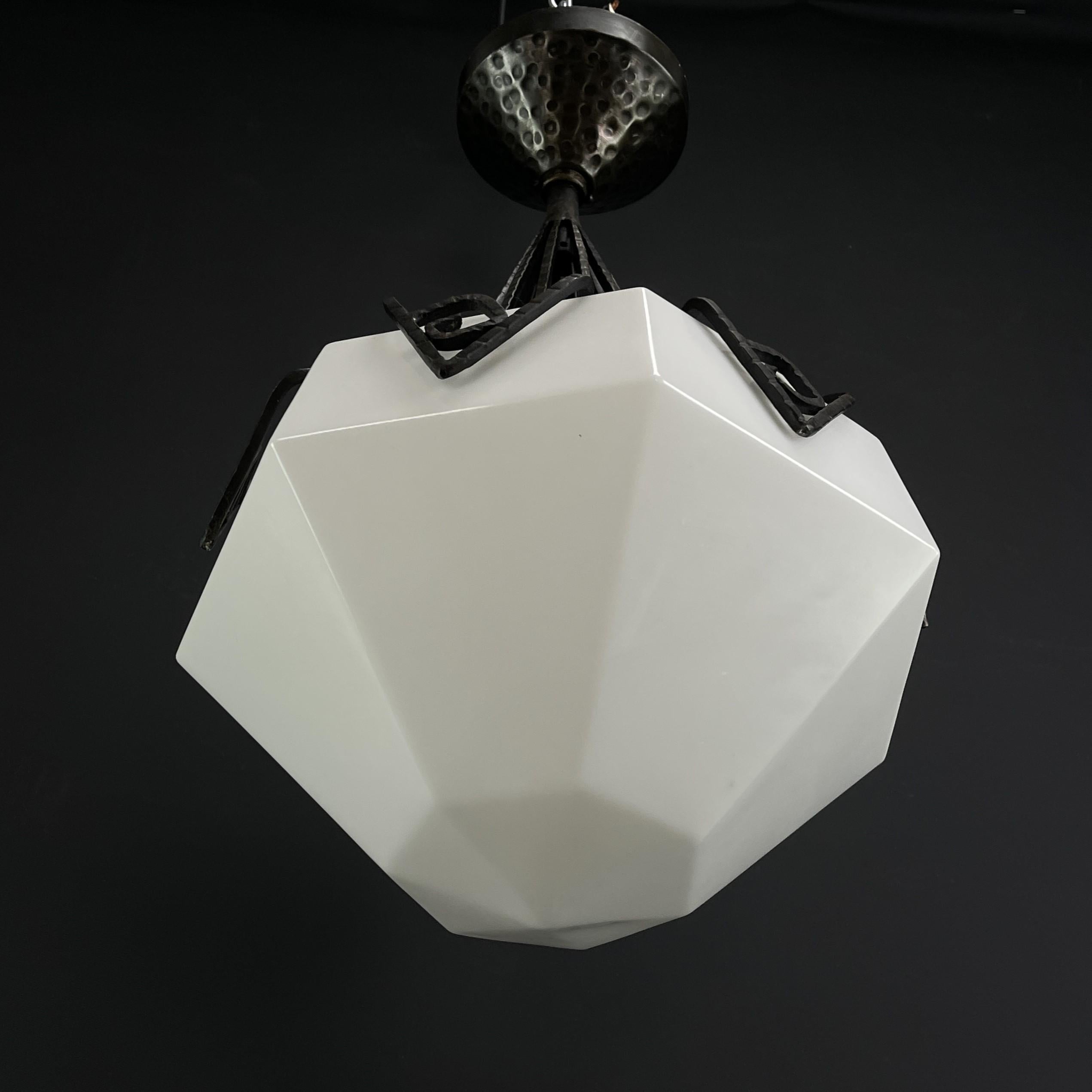 Art Deco chandelier opal glass wrought iron ceiling lamp, 1930s For Sale 3