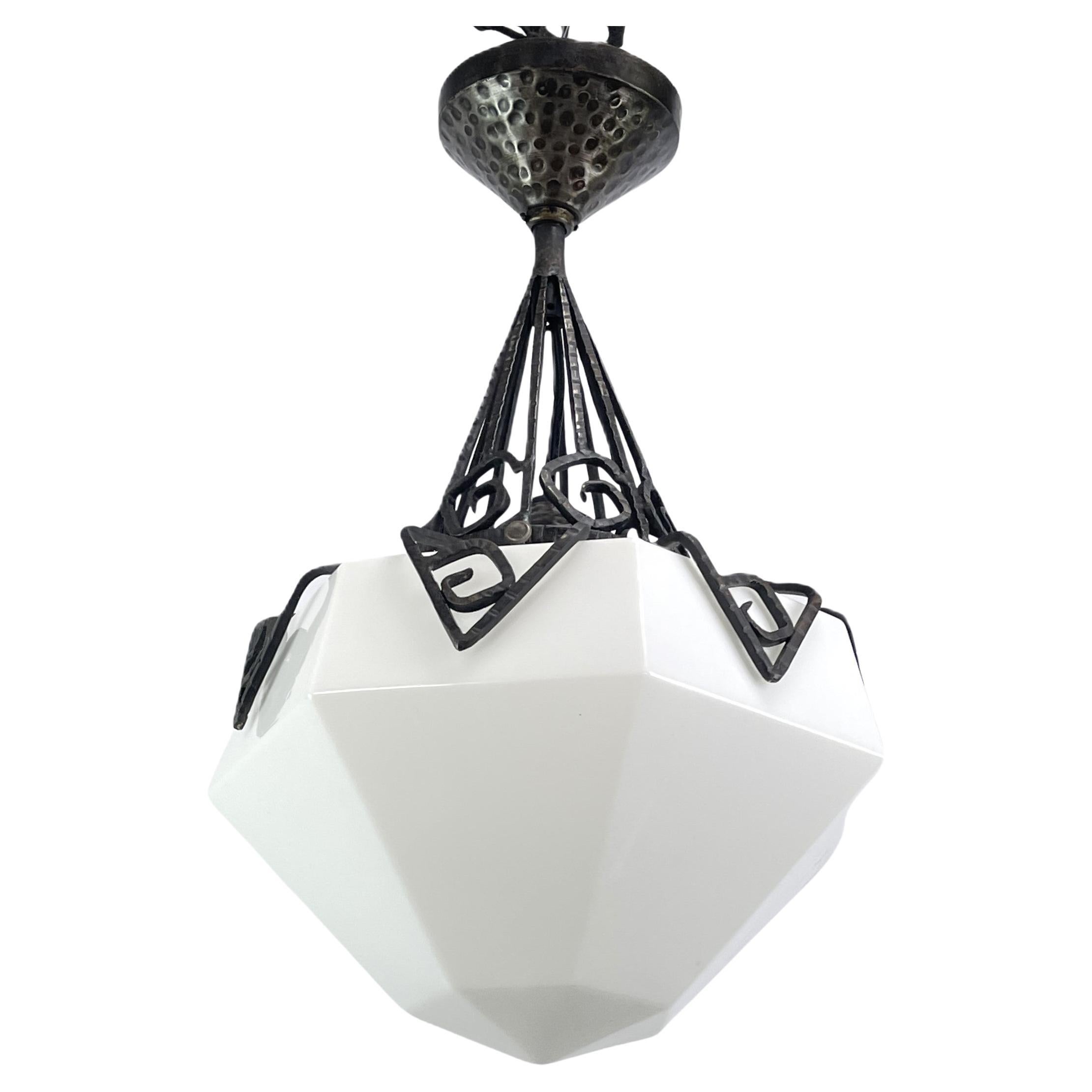 Art Deco chandelier opal glass wrought iron ceiling lamp, 1930s