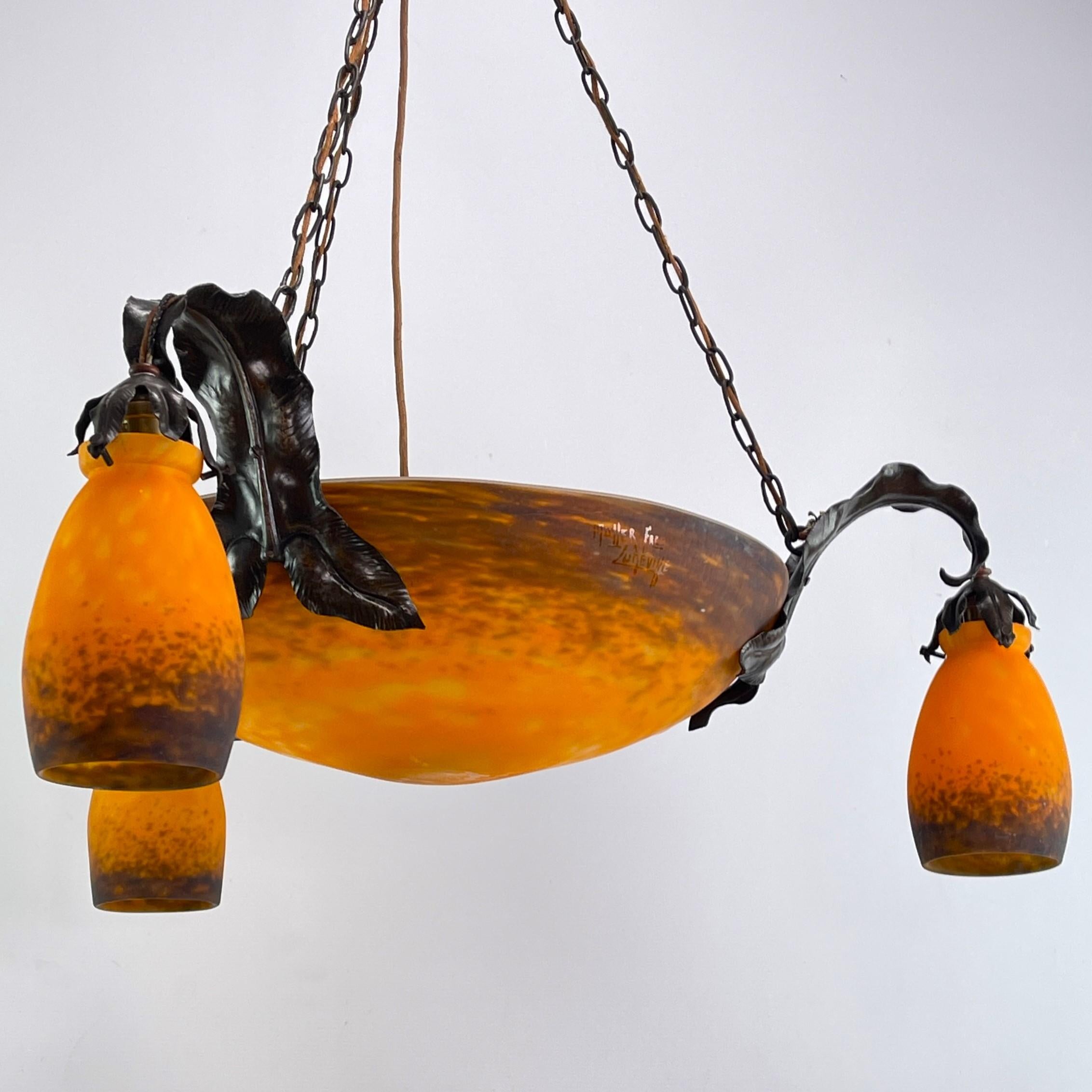 ART DECO chandelier pate de verre by Muller Frerés, 1930s For Sale 2