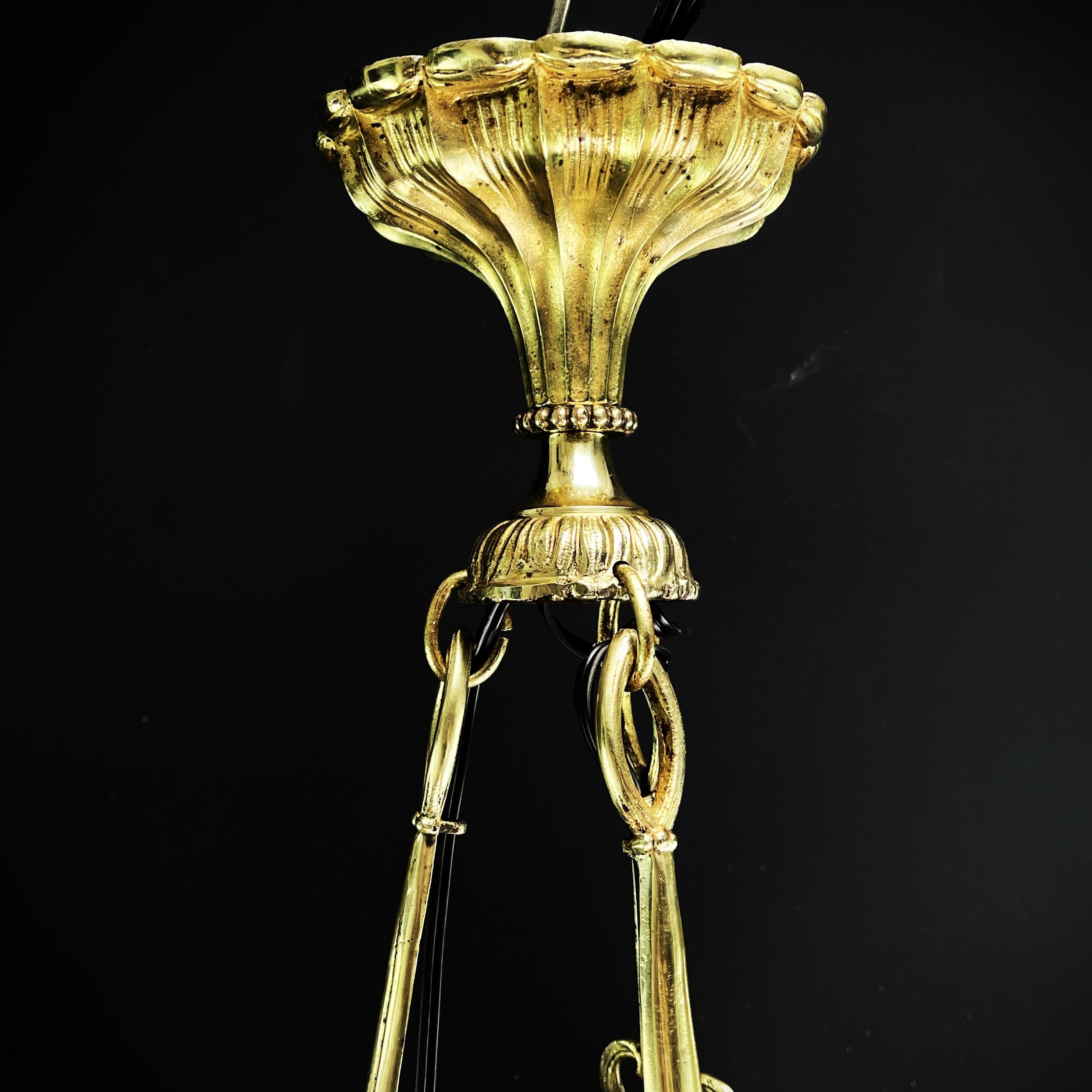 ART DECO chandelier pate de verre by Muller Fres & Bronze by Petitot, 1930s For Sale 5