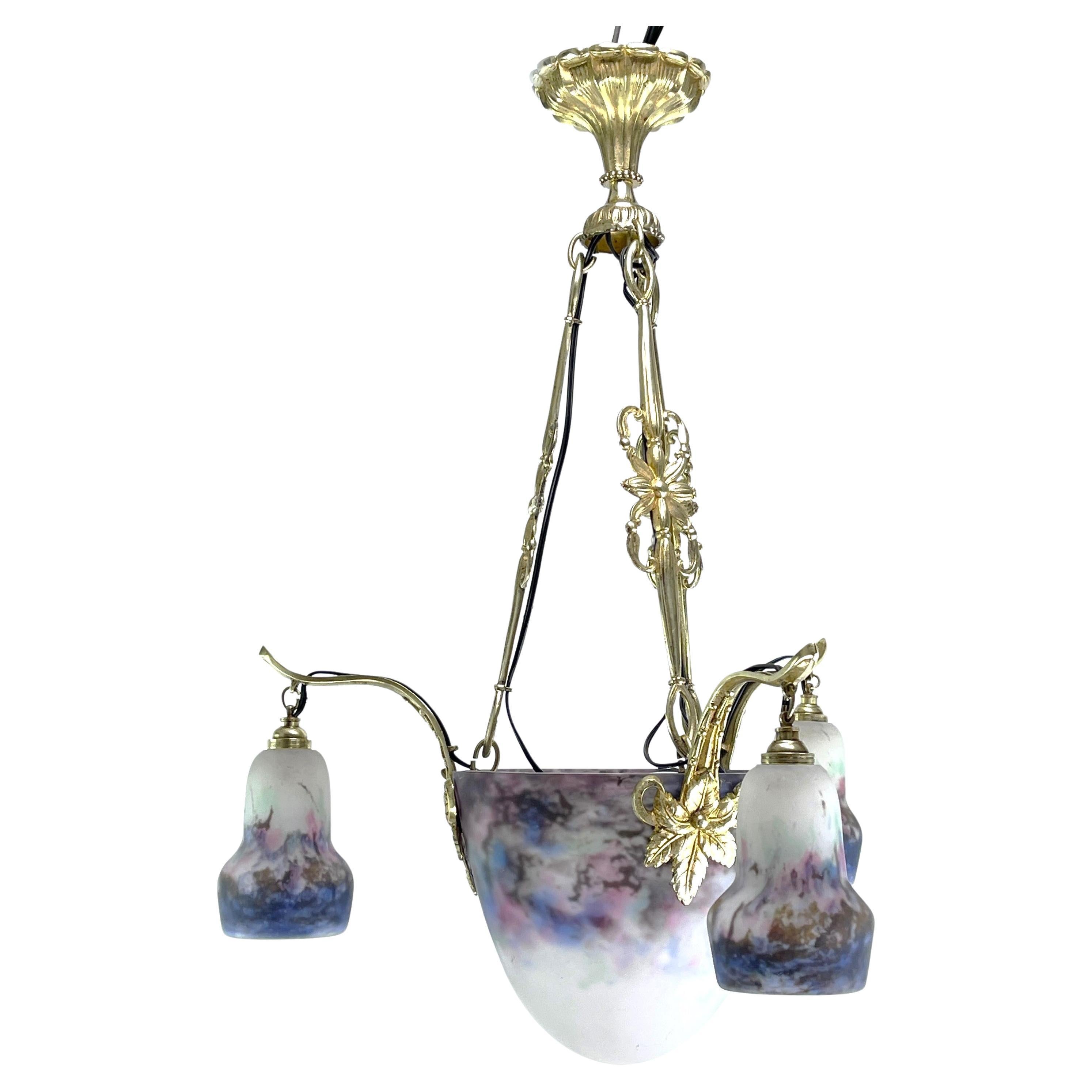ART DECO chandelier pate de verre by Muller Fres & Bronze by Petitot, 1930s For Sale