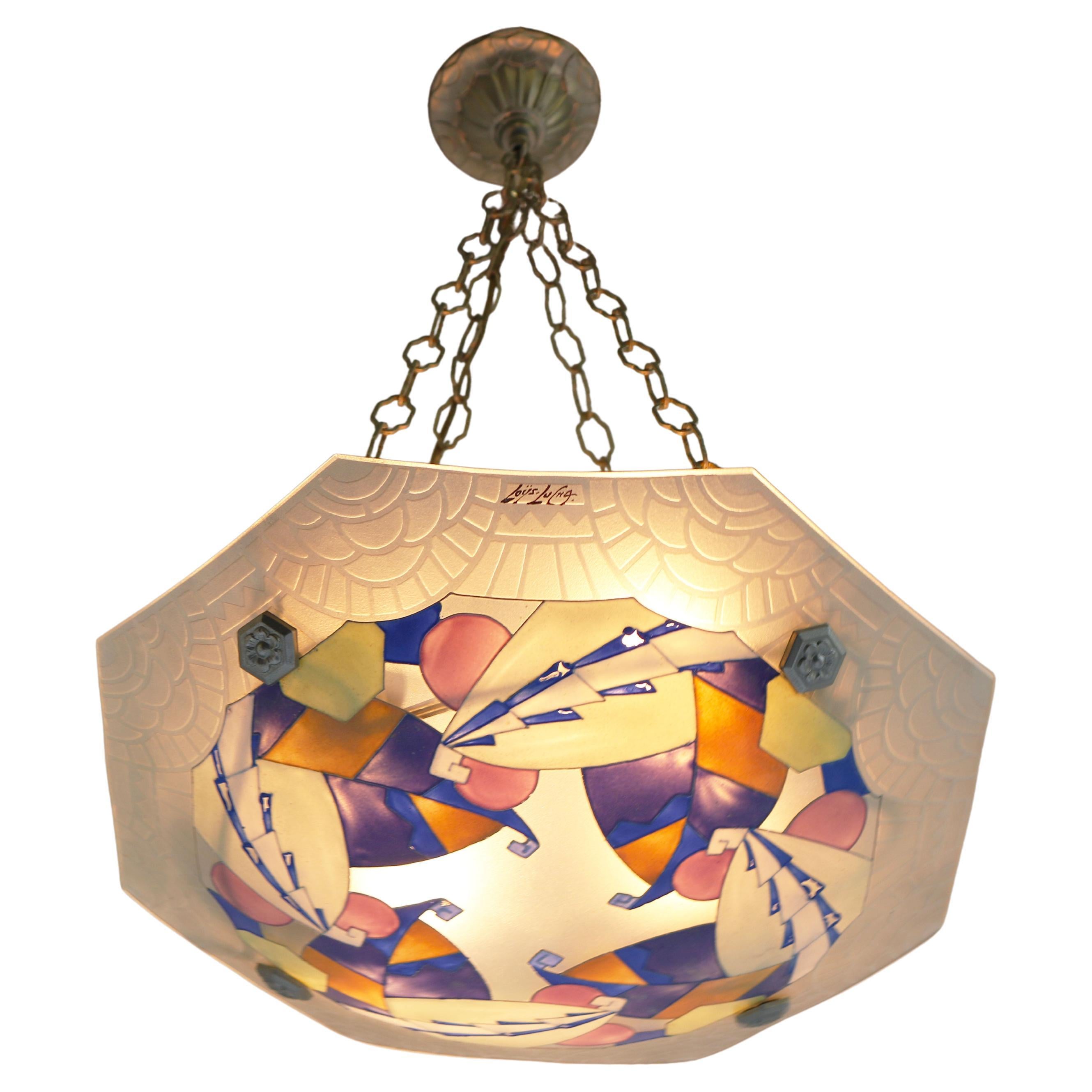 Art Deco Chandelier / Pendant by Loys Lucha French Antique Geometric 1930 Enamel For Sale