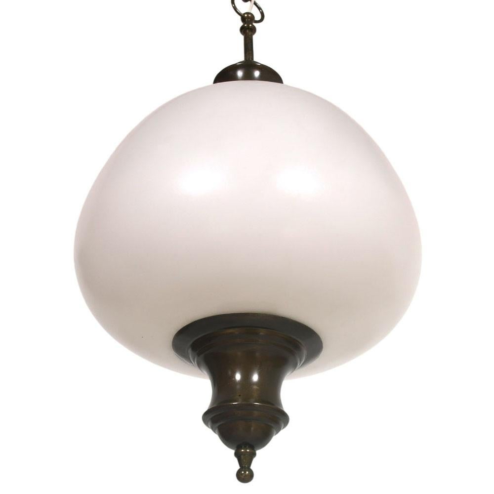 Burnished Art Deco Chandelier Pendant Lattimo Glass Sphere with Brass, Venini Attributed