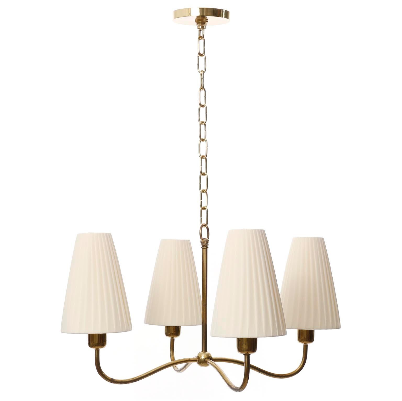 Art Deco Chandelier Pendant Light, Brass Pleated Cream Fabric Shades, 1930s 4