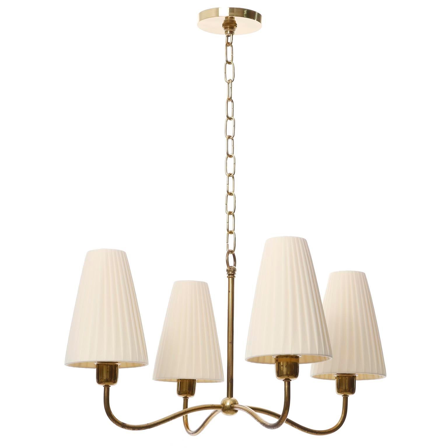 Art Deco Chandelier Pendant Light, Brass Pleated Cream Fabric Shades, 1930s 5