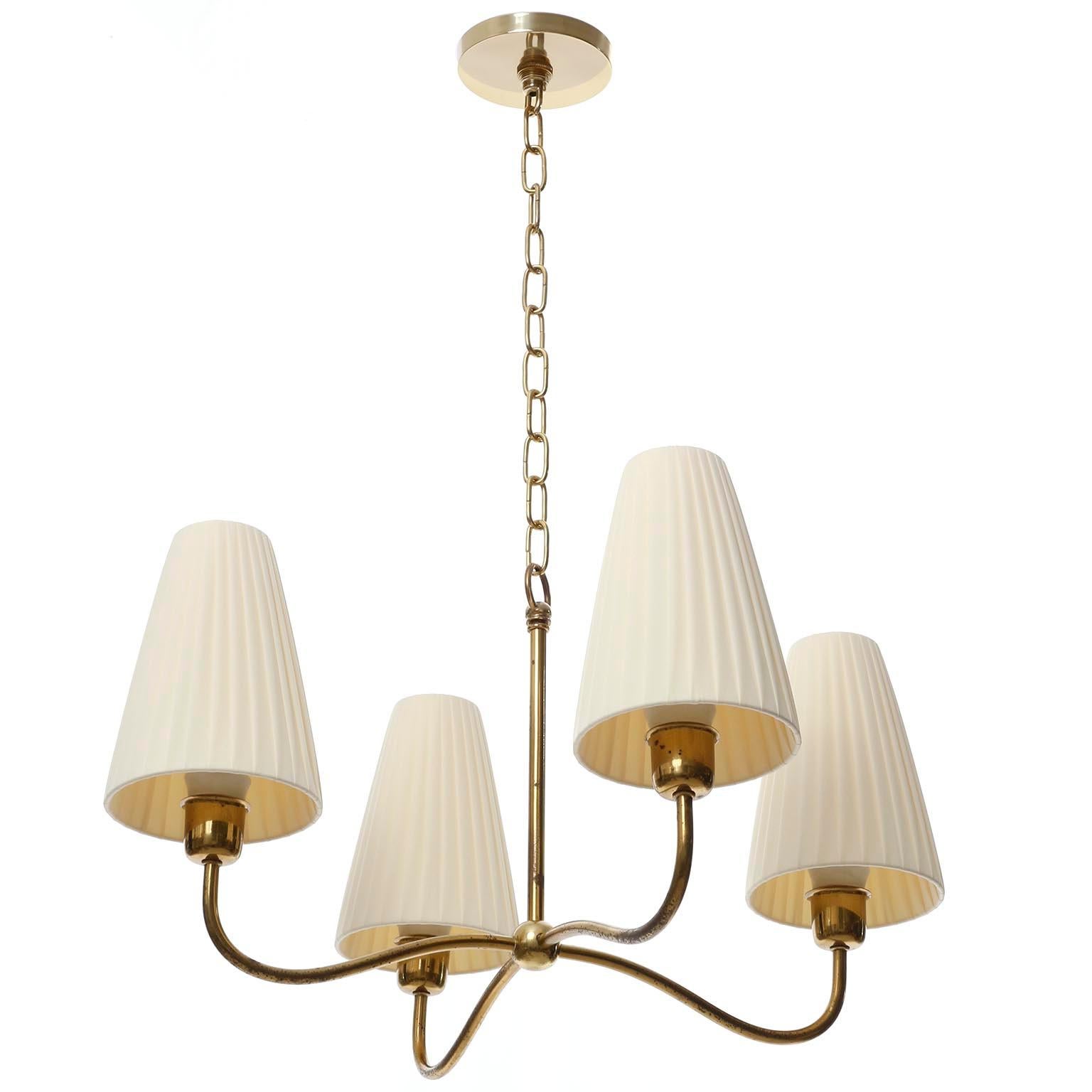Art Deco Chandelier Pendant Light, Brass Pleated Cream Fabric Shades, 1930s 6