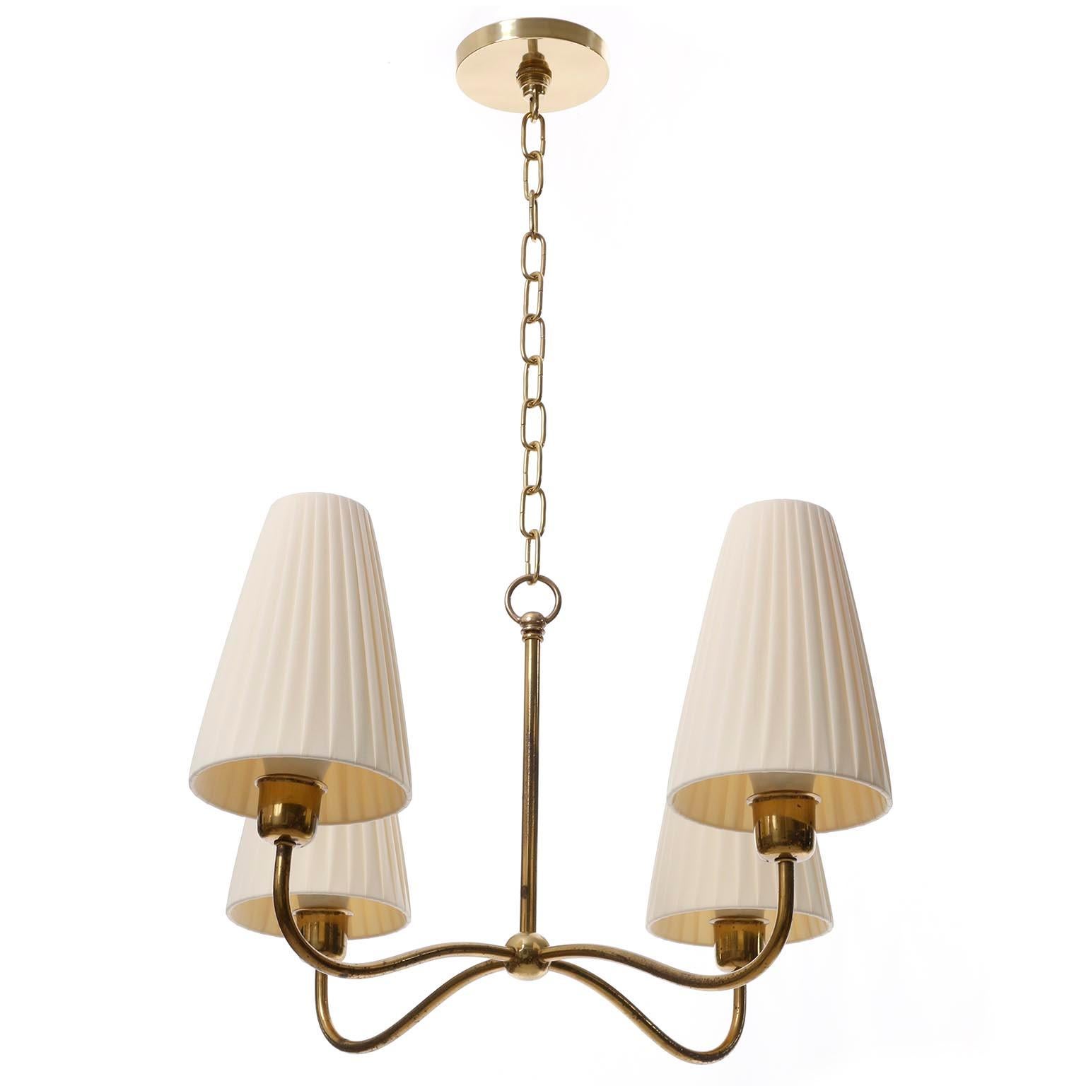Art Deco Chandelier Pendant Light, Brass Pleated Cream Fabric Shades, 1930s 7
