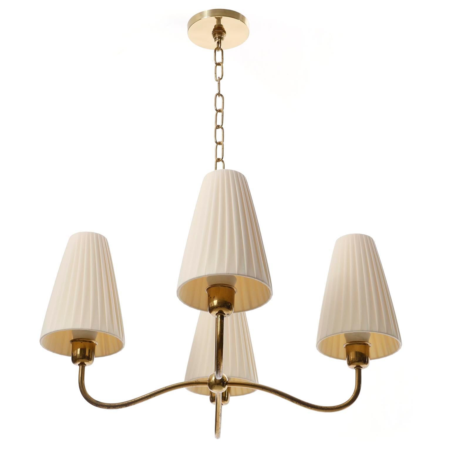 Art Deco Chandelier Pendant Light, Brass Pleated Cream Fabric Shades, 1930s 8