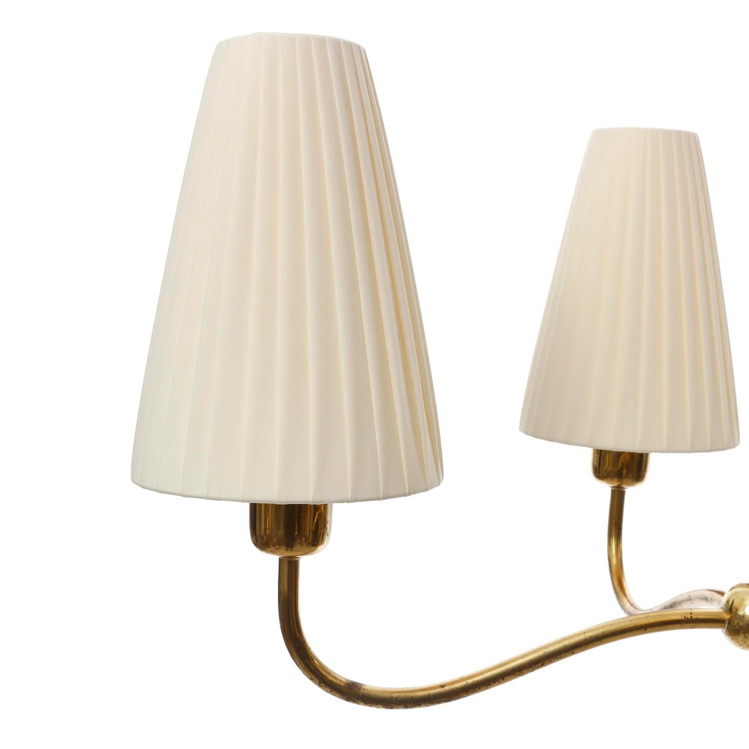 Art Deco Chandelier Pendant Light, Brass Pleated Cream Fabric Shades, 1930s 9