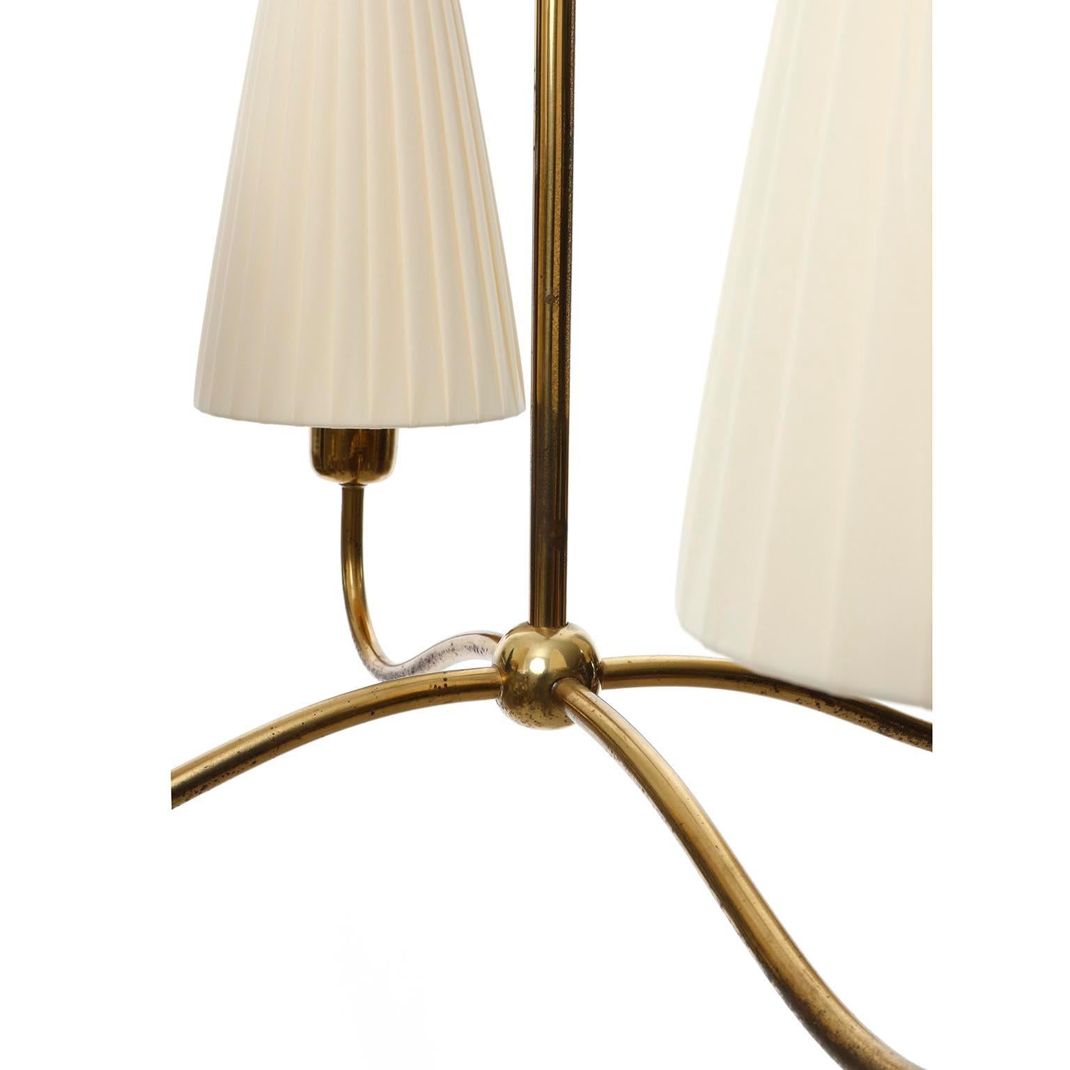 Art Deco Chandelier Pendant Light, Brass Pleated Cream Fabric Shades, 1930s 10