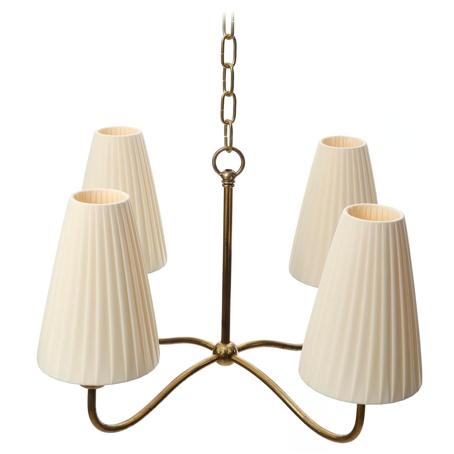 Austrian Art Deco Chandelier Pendant Light, Brass Pleated Cream Fabric Shades, 1930s