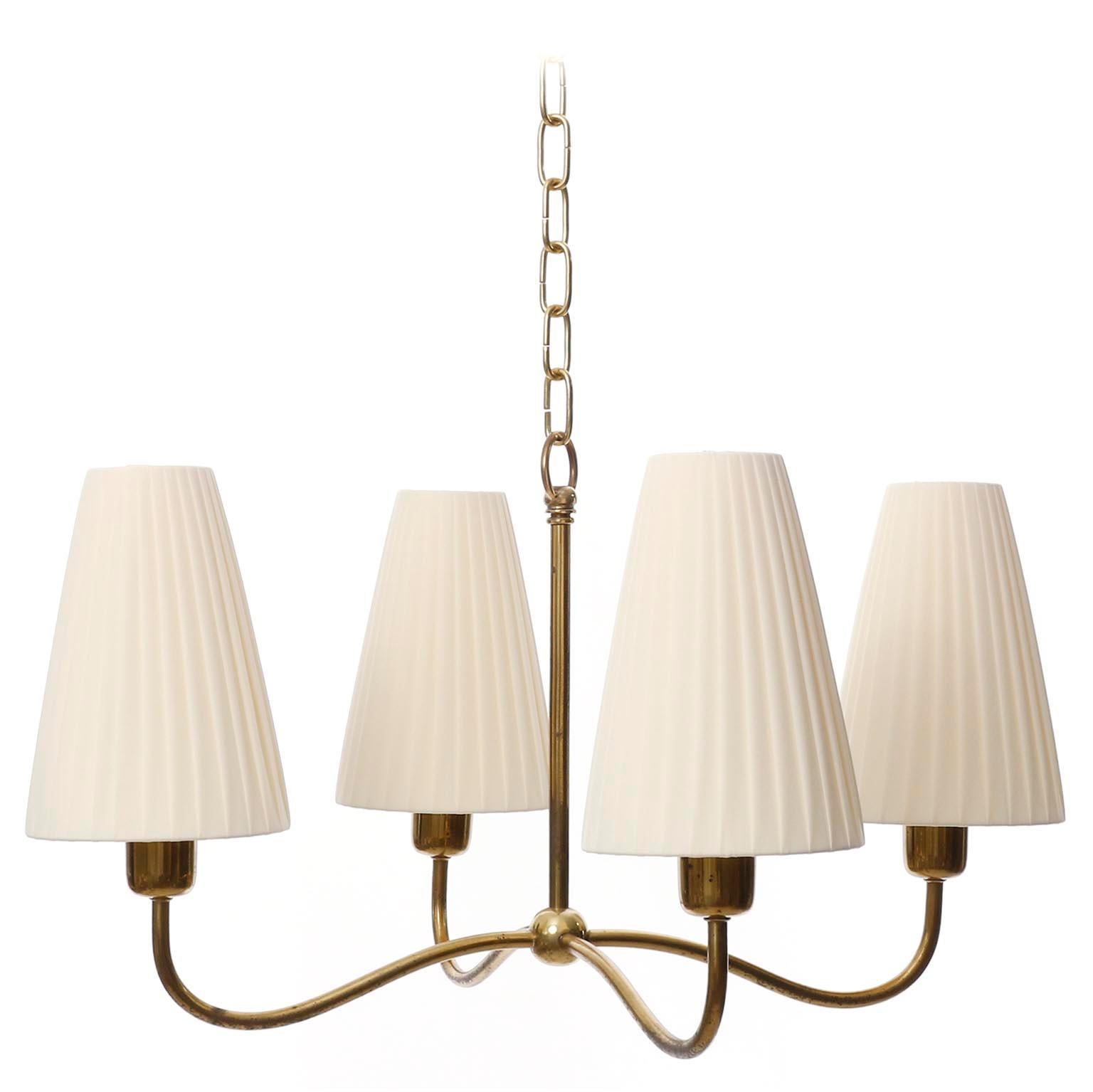 Polished Art Deco Chandelier Pendant Light, Brass Pleated Cream Fabric Shades, 1930s