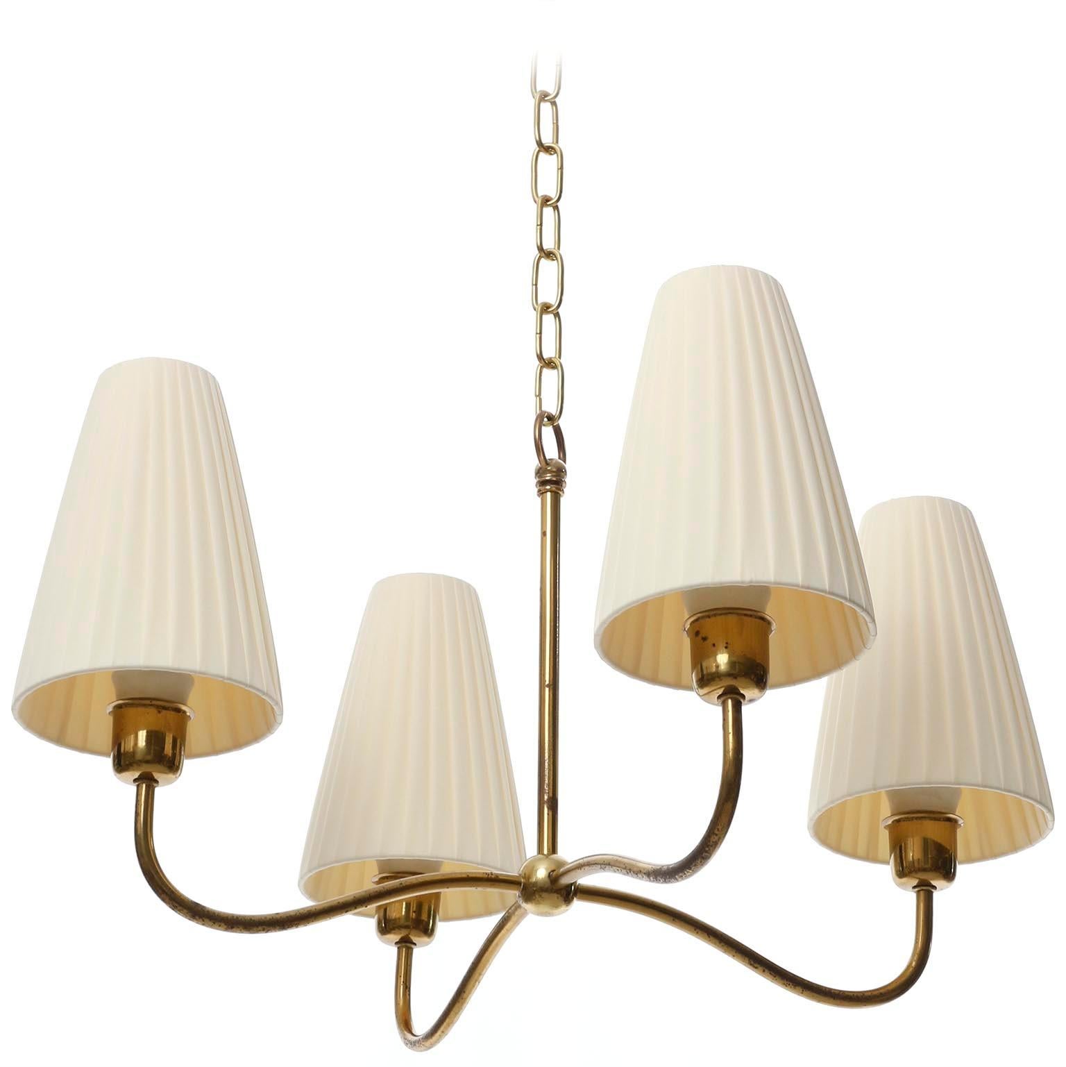 Mid-20th Century Art Deco Chandelier Pendant Light, Brass Pleated Cream Fabric Shades, 1930s