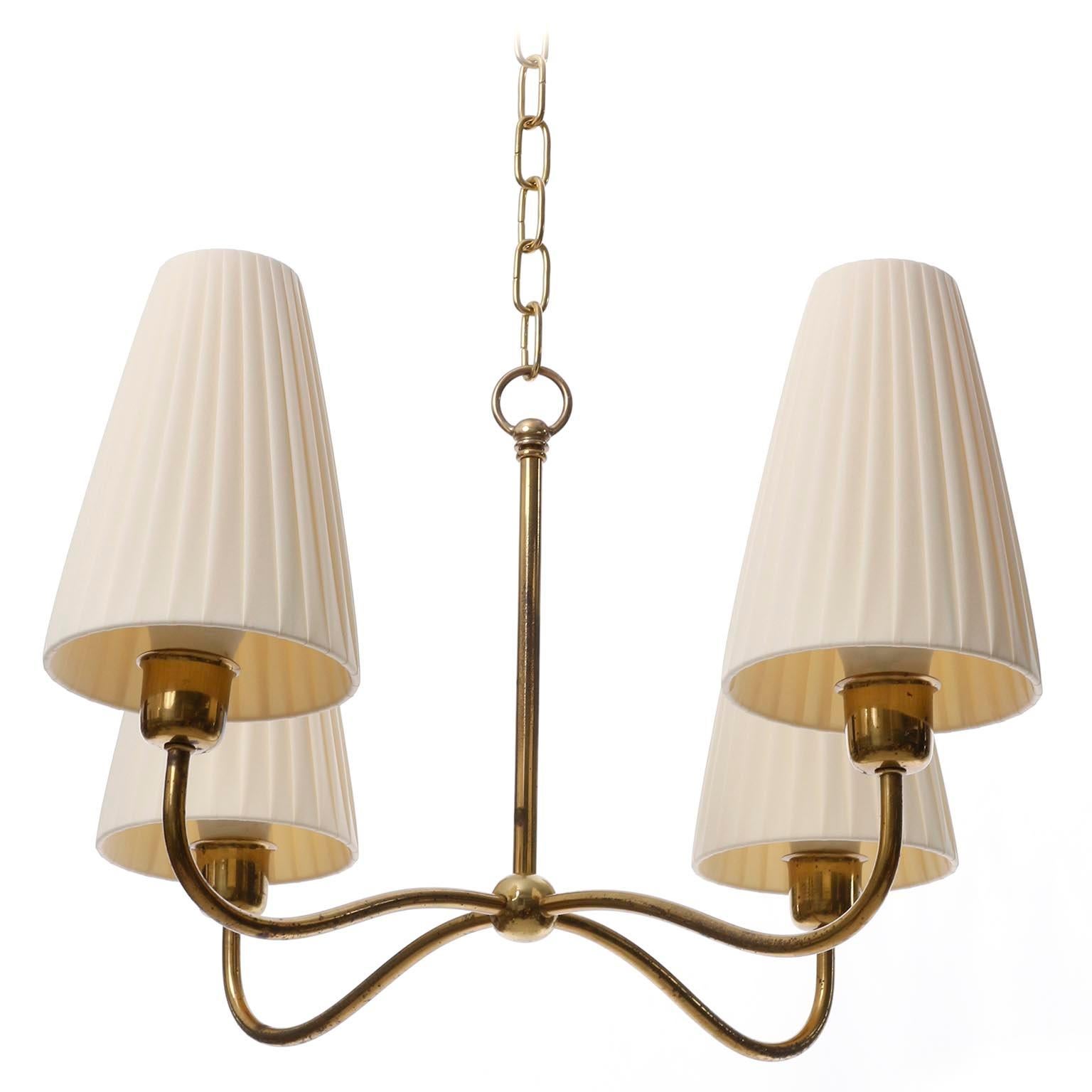 Art Deco Chandelier Pendant Light, Brass Pleated Cream Fabric Shades, 1930s 1