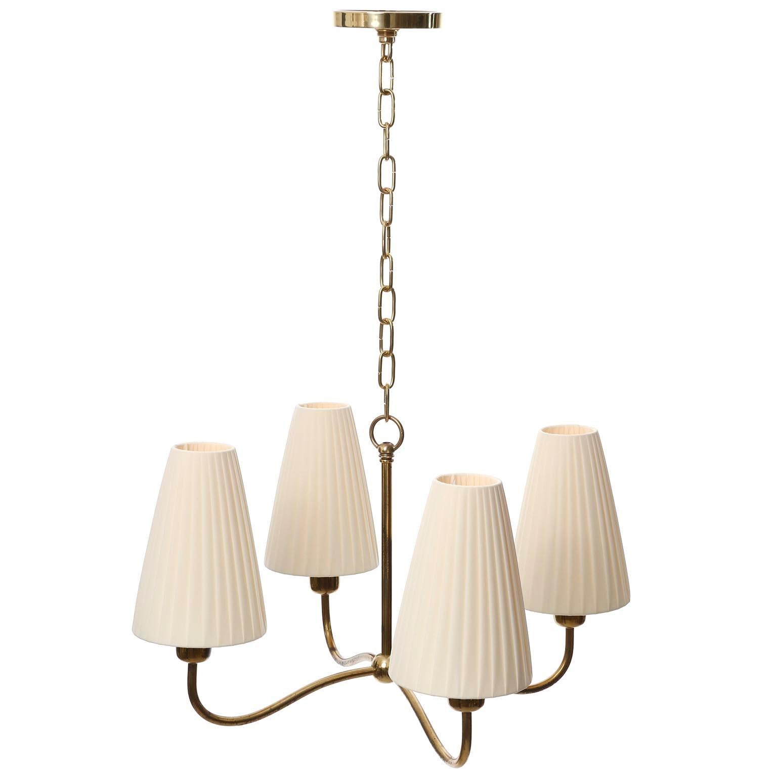 Art Deco Chandelier Pendant Light, Brass Pleated Cream Fabric Shades, 1930s 2