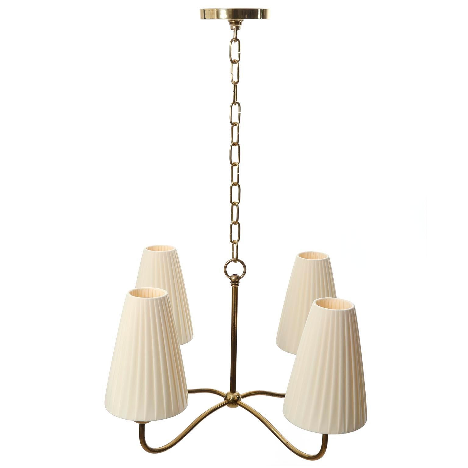 Art Deco Chandelier Pendant Light, Brass Pleated Cream Fabric Shades, 1930s 3