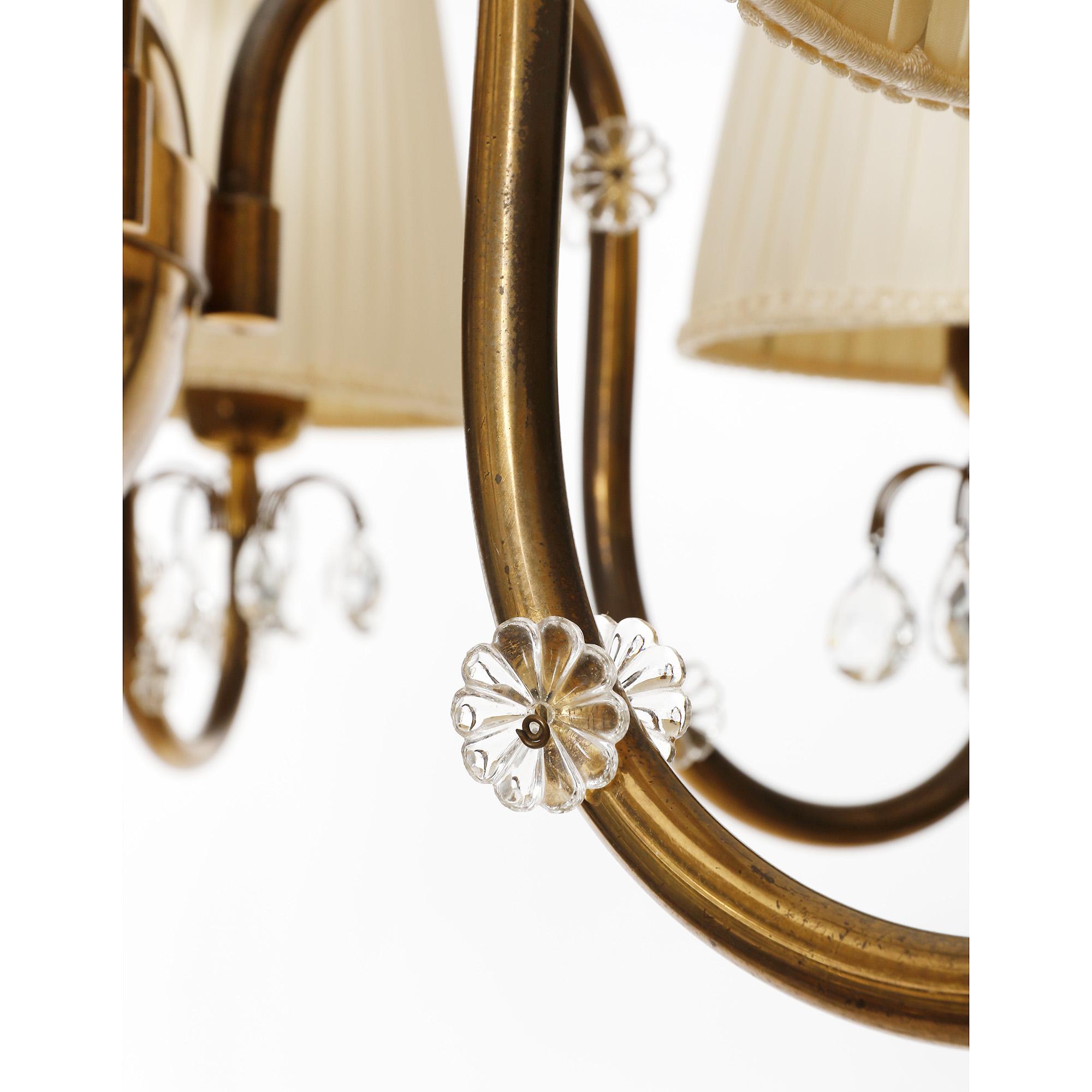 Art Deco Chandelier Pendant Light, Patinated Brass Cream Fabric Shades, 1930s For Sale 4